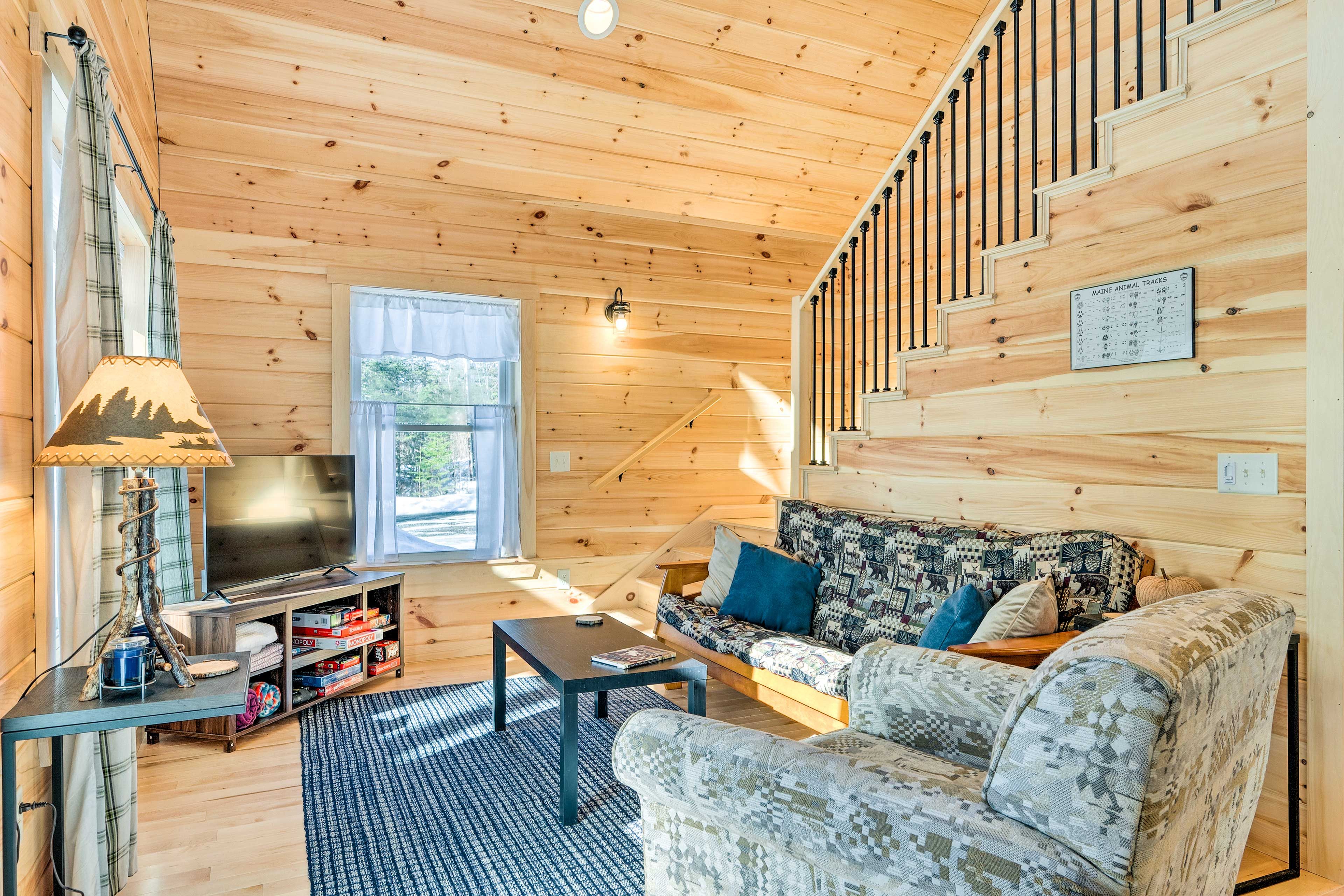 Rangeley Vacation Rental | 2BR | 1BA | 880 Sq Ft | Stairs to Access