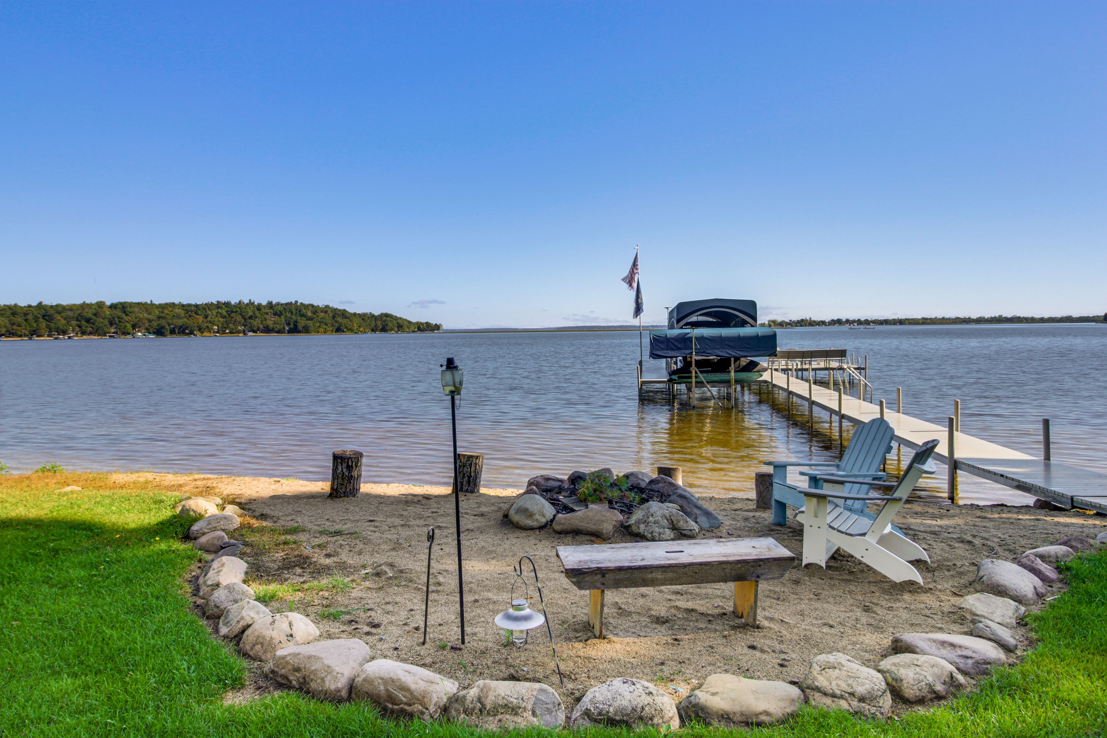 Exterior | Waterfront Fire Pit | Beach Area | Private Dock on Gull Lake