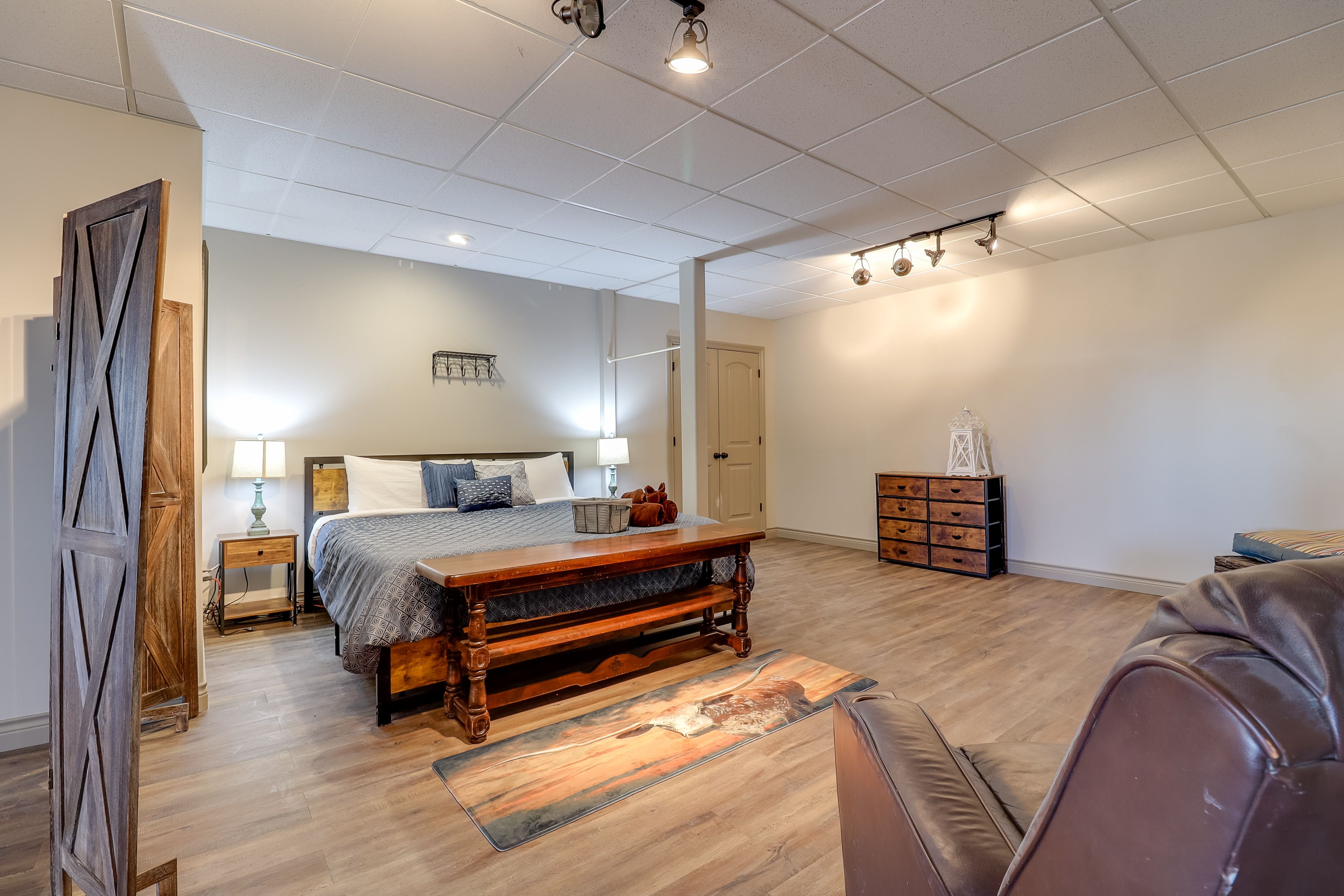 Studio | Bedroom Area | King Bed | Electric Fireplace | Linens Provided
