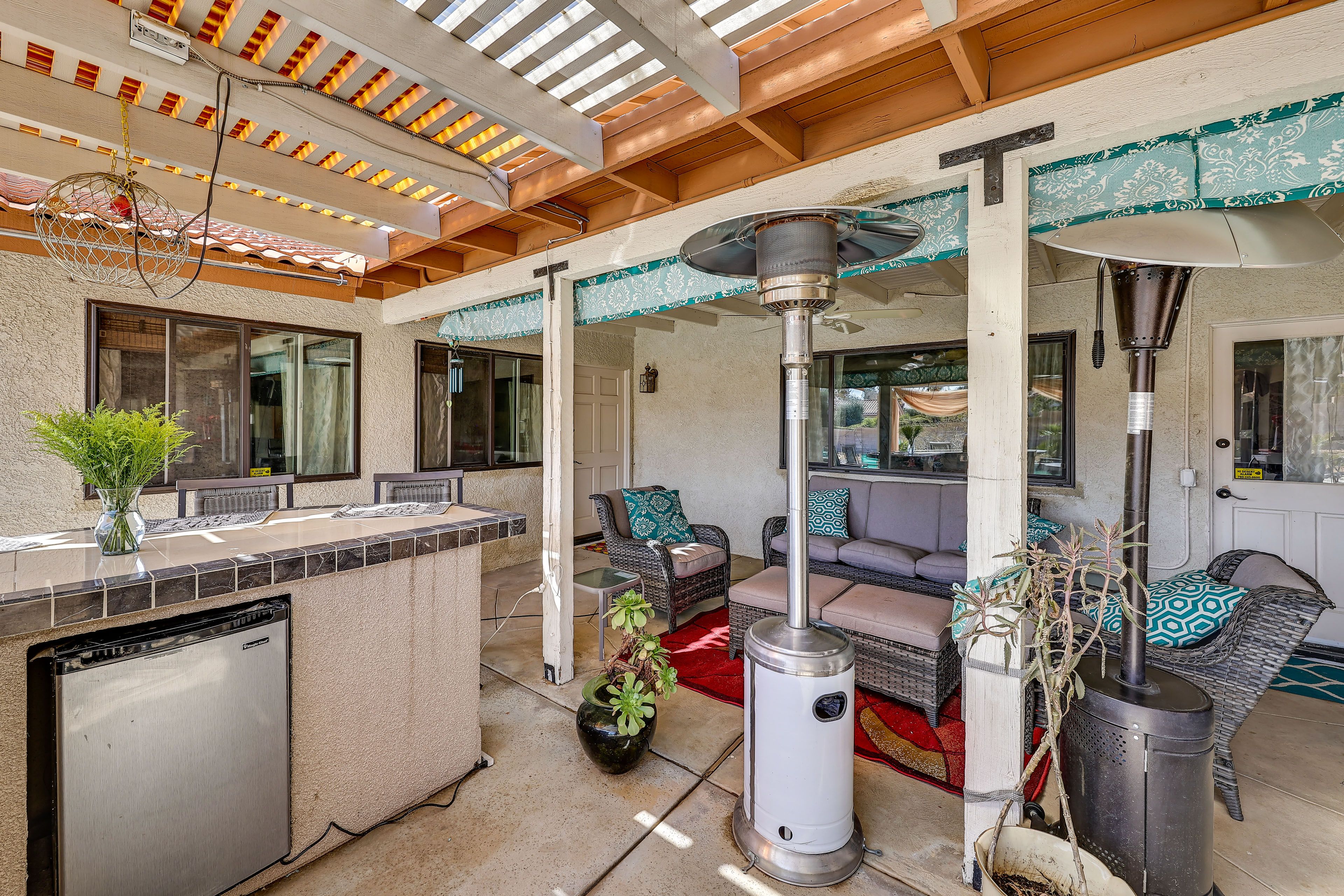 Patio | Mini Fridge | Mountain Views | Beach Towels