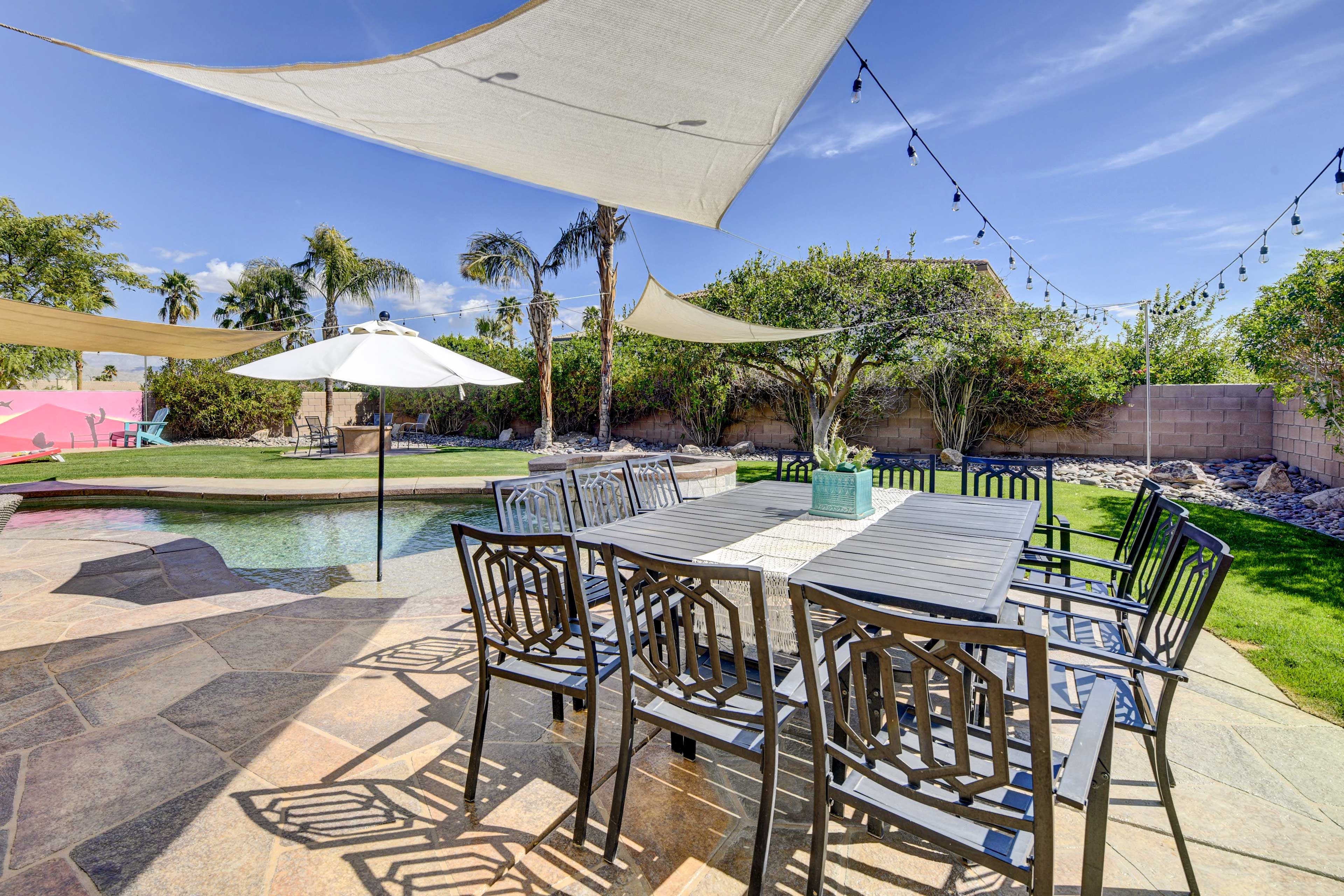 Backyard | Patio w/ Dining Area | Bistro Lights