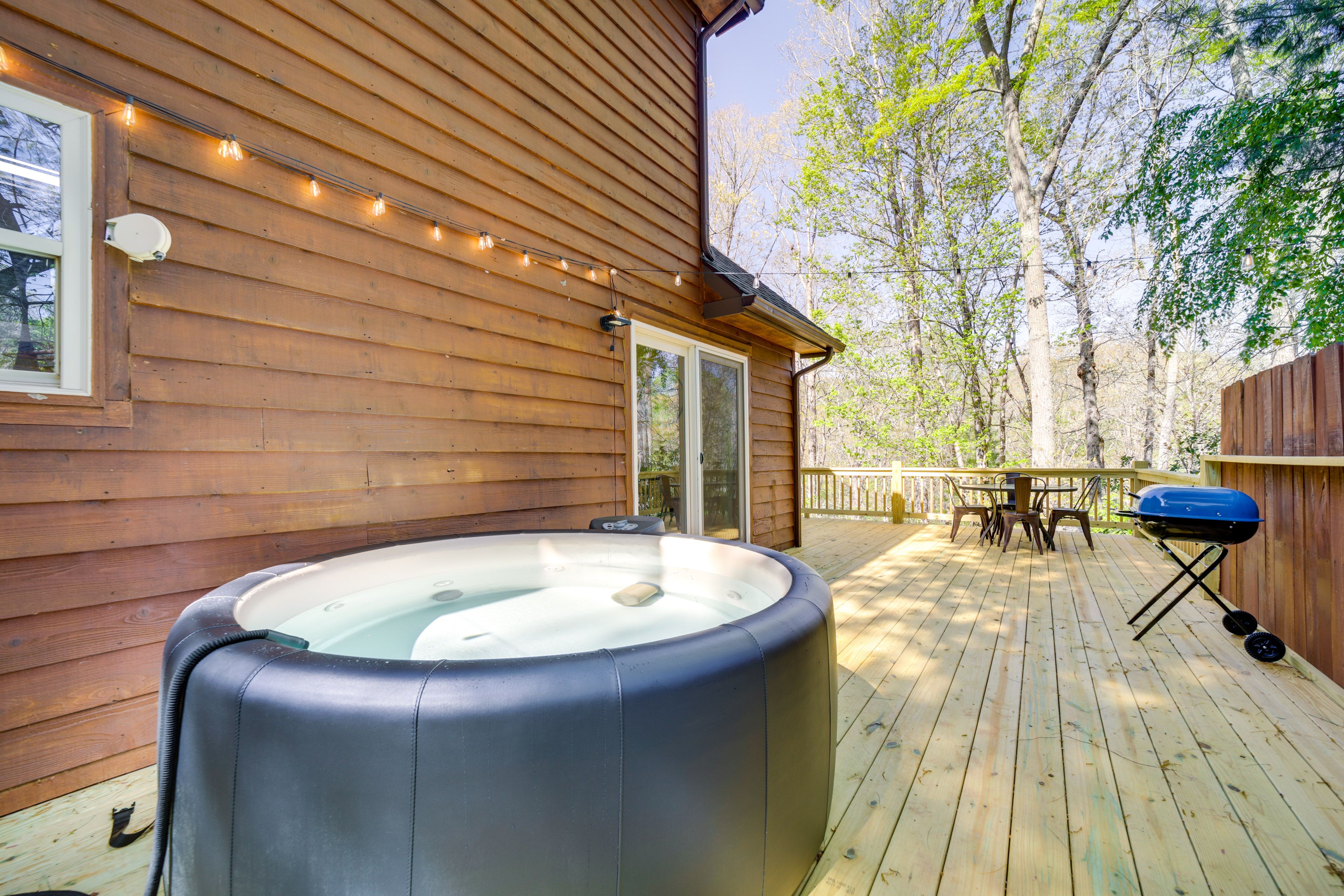 Furnished Deck | Hot Tub Area | Charcoal Grill