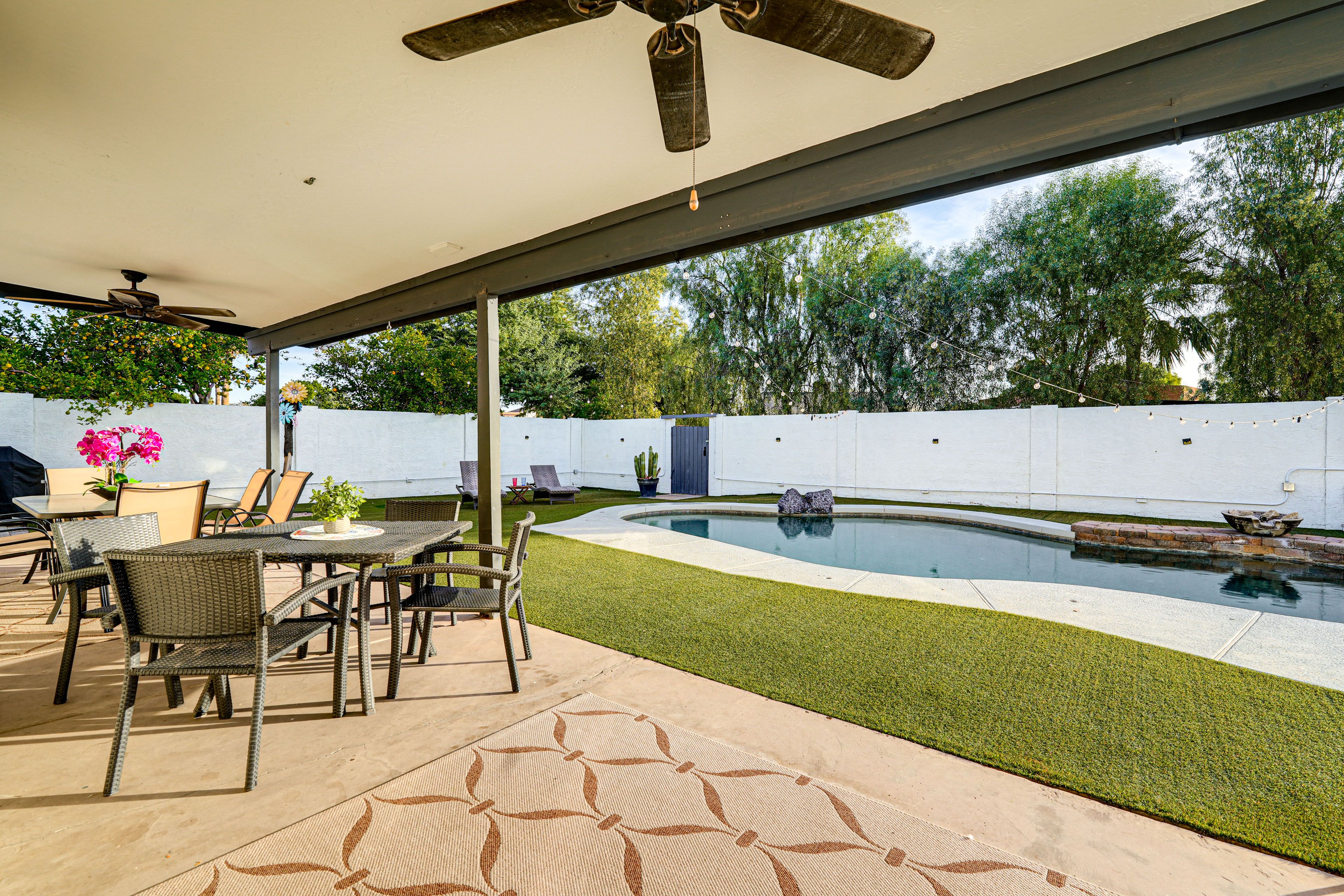 Private Covered Patio | Swing Chair | Fenced Turf Yard