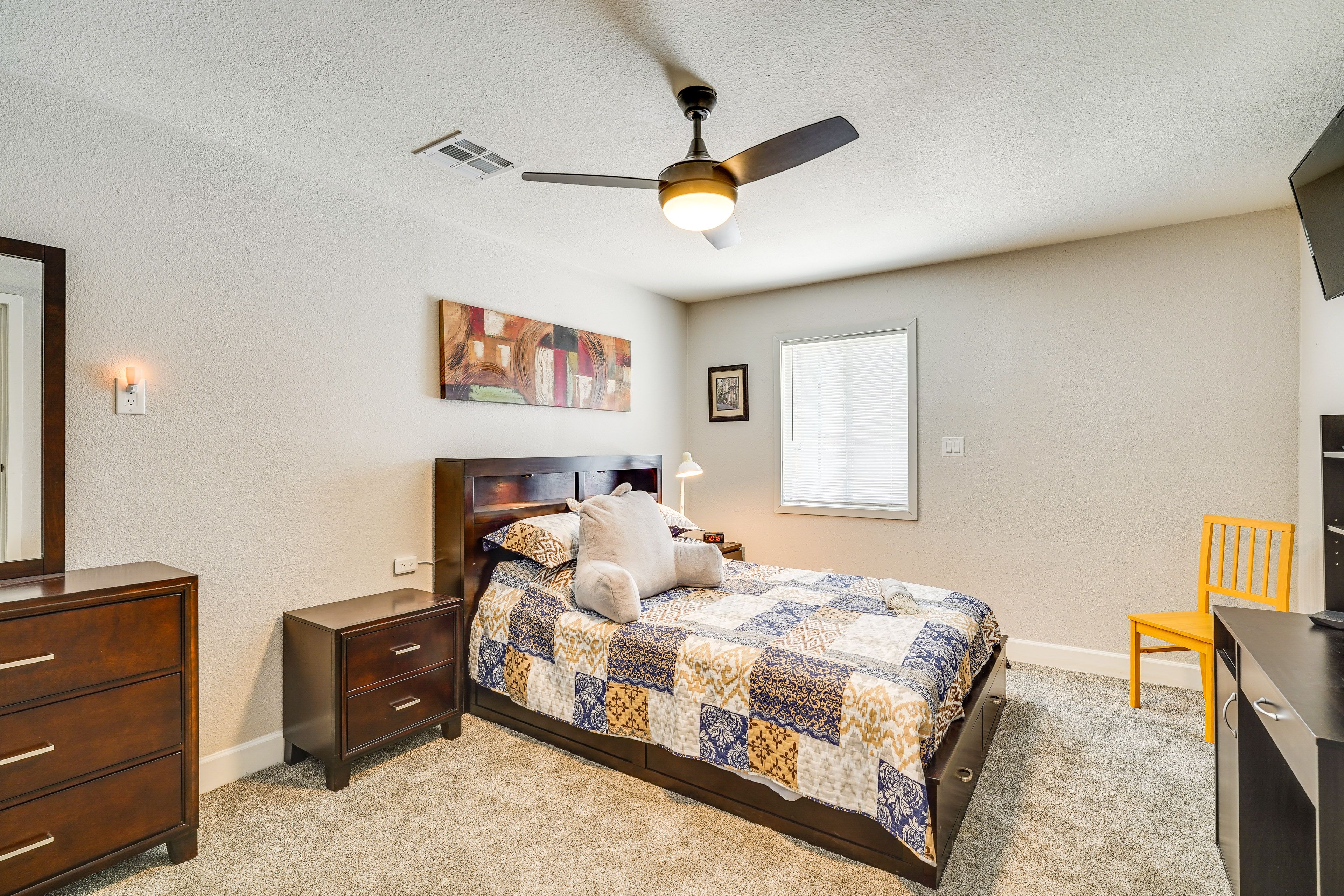 Bedroom 1 | Queen Bed | Laptop-Friendly Workspace | 2 Steps to Enter