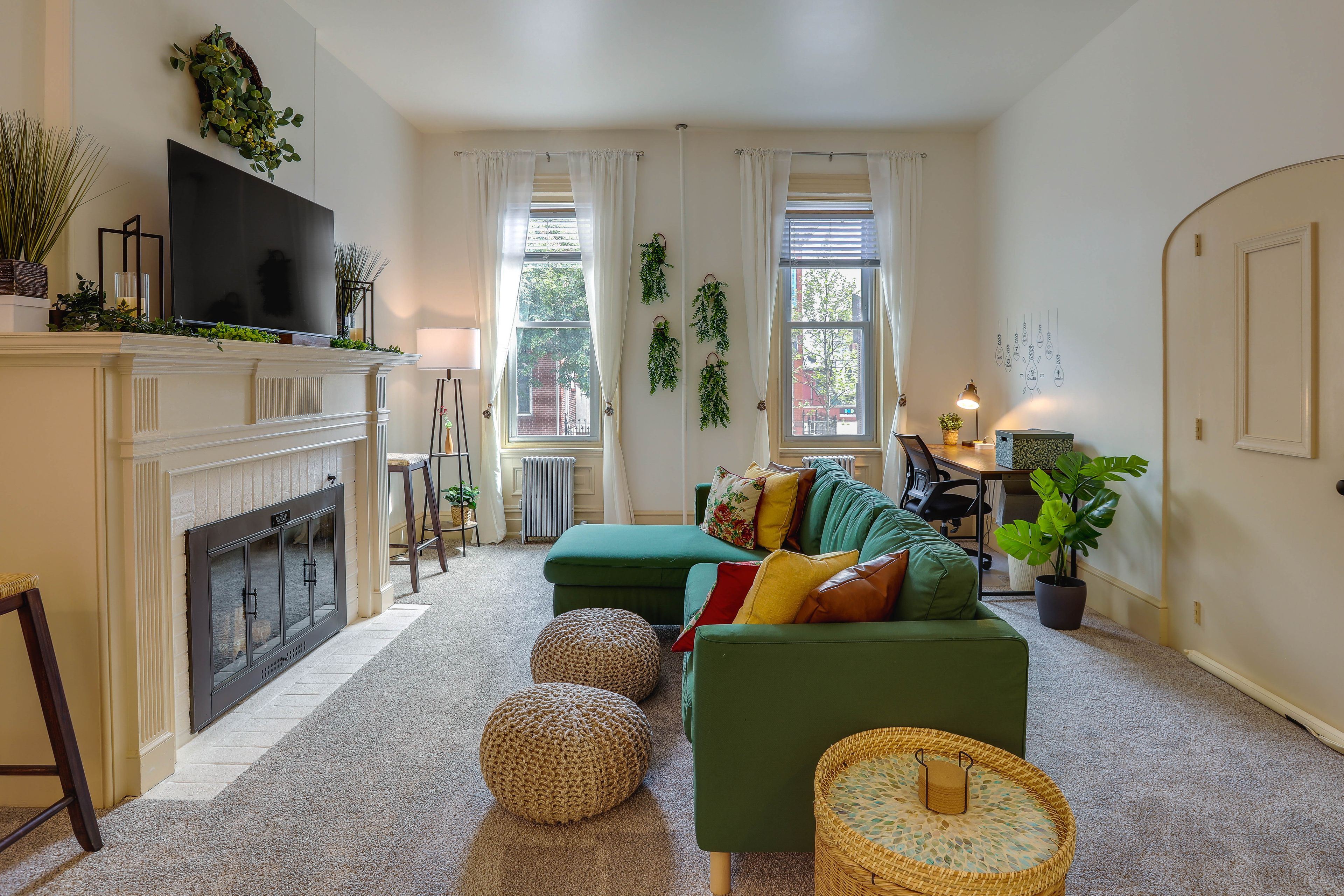 Living Room | Smart TV | Portable A/C Unit | Central Heat | Laptop-Friendly Desk