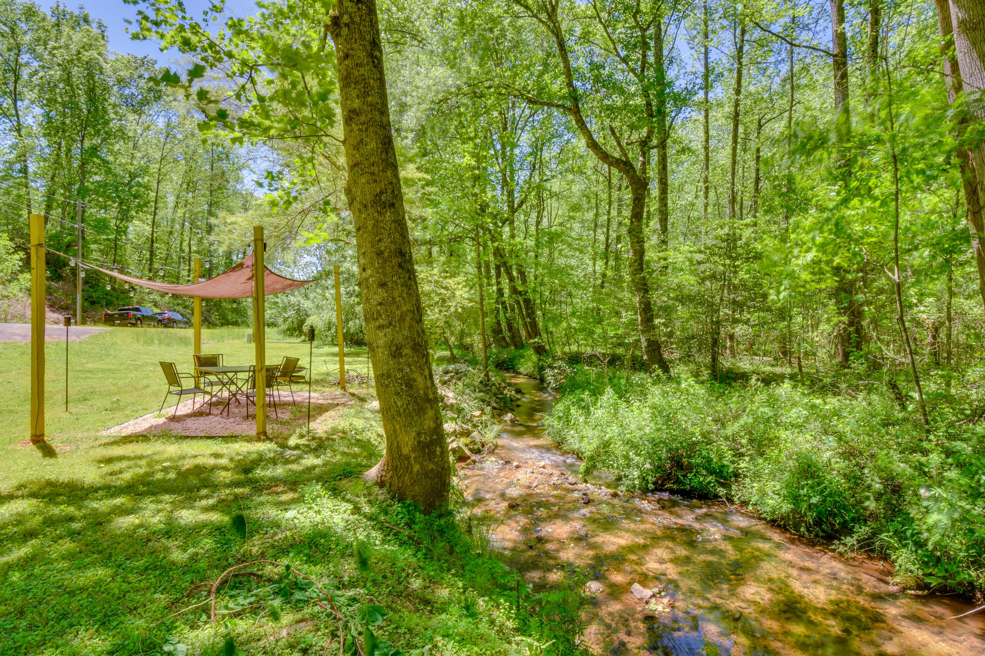 2-Acre Property | Outdoor Dining Area | Creek On-Site | Fire Pit