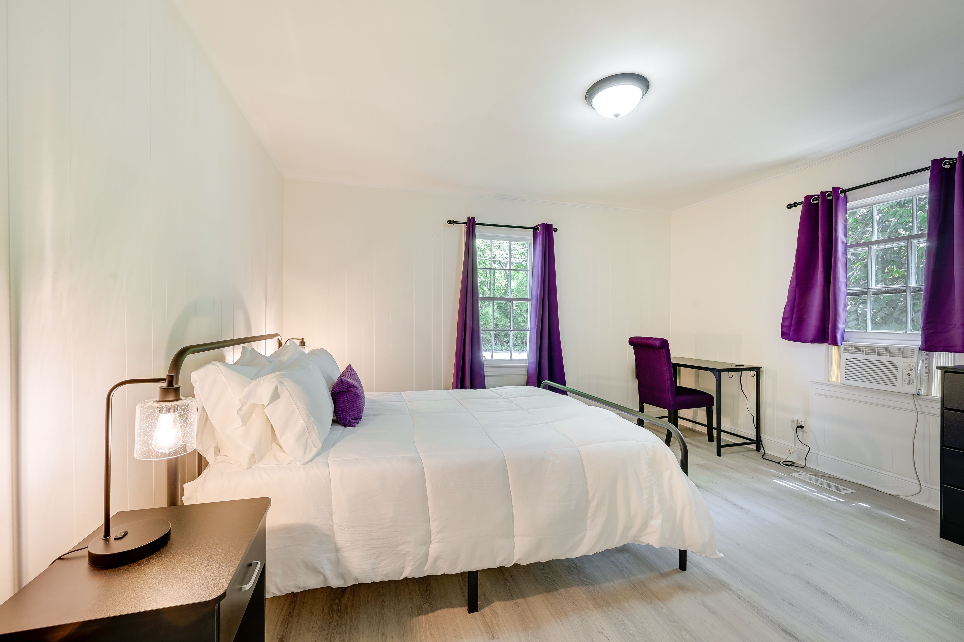 Bedroom 1 | Queen Bed | Linens Provided | Window A/C Unit | Desk Workspace
