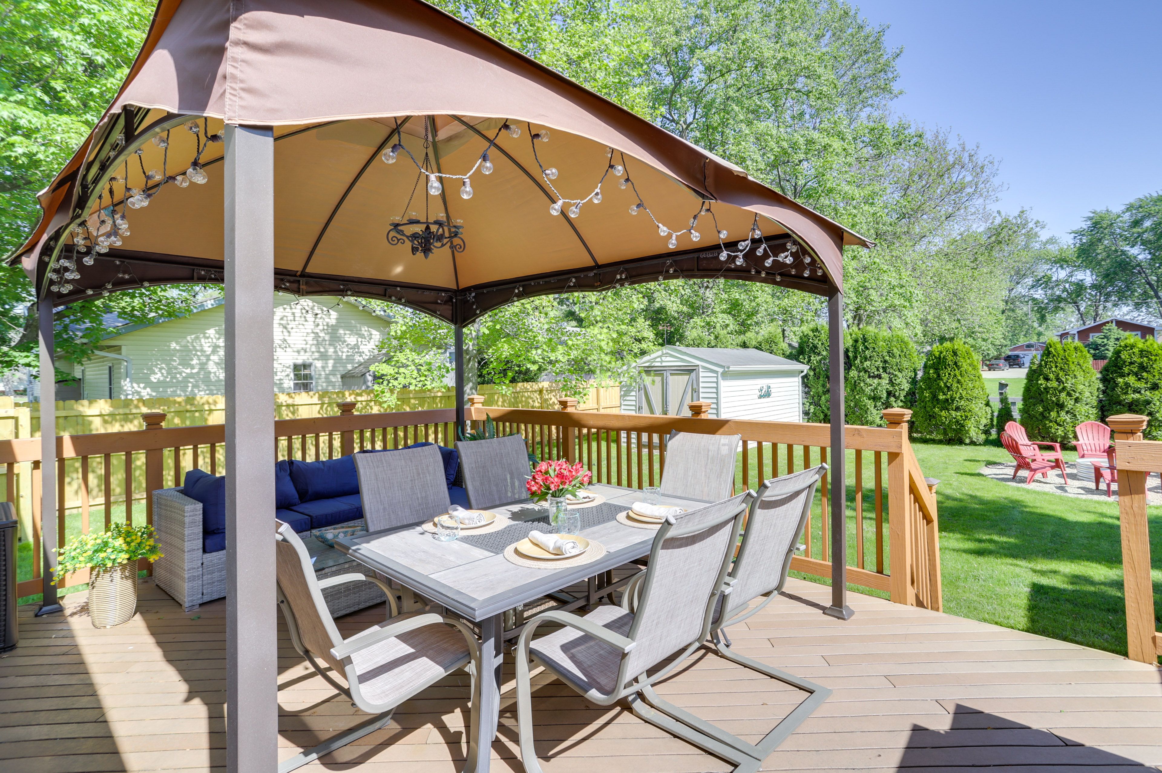 Deck | Gazebo w/ String Lights | Outdoor Dining Area | Lounge Seating
