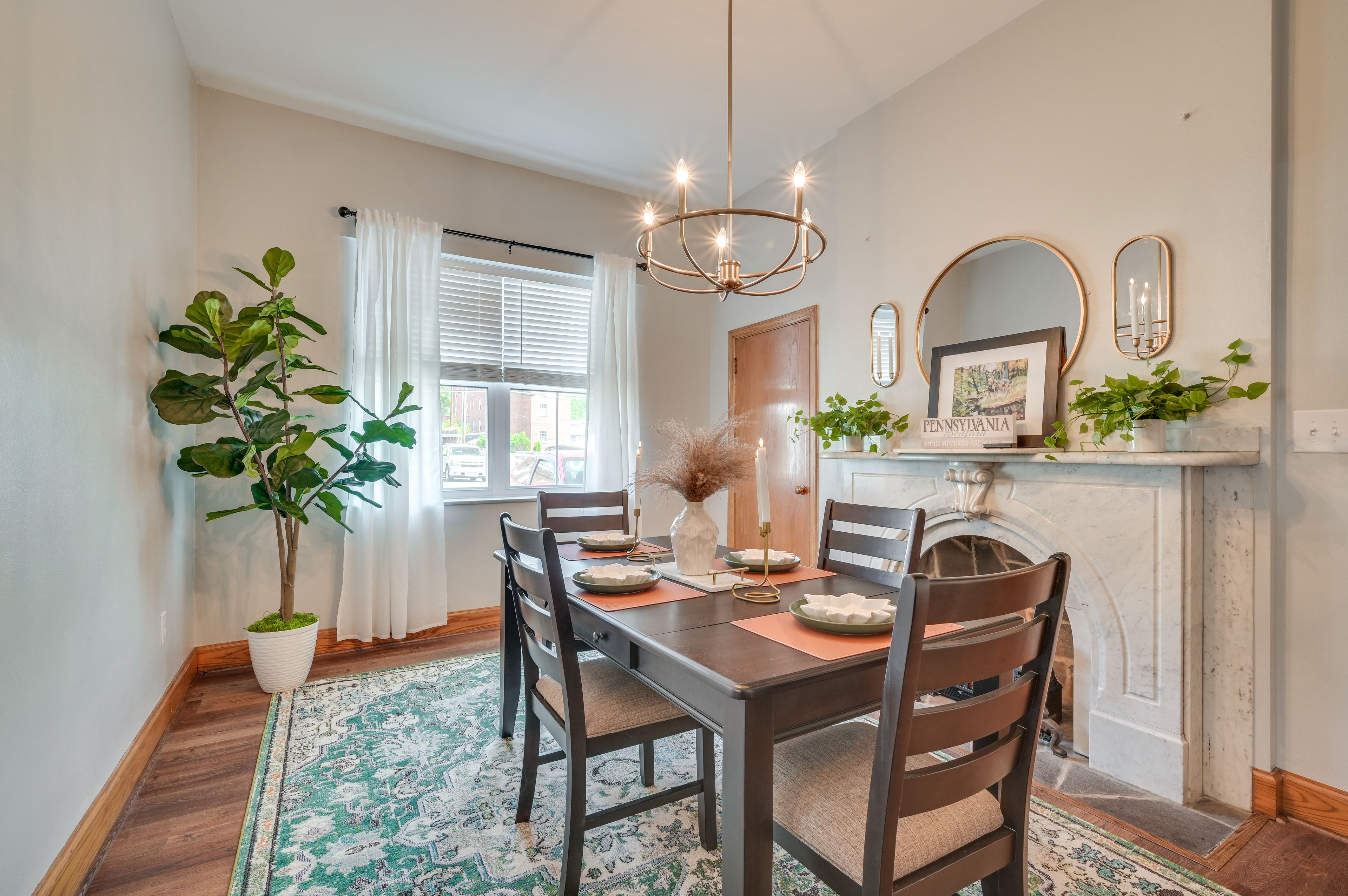Dining Area | Dining Table | Dishware/Flatware | Fireplace (Decorative)