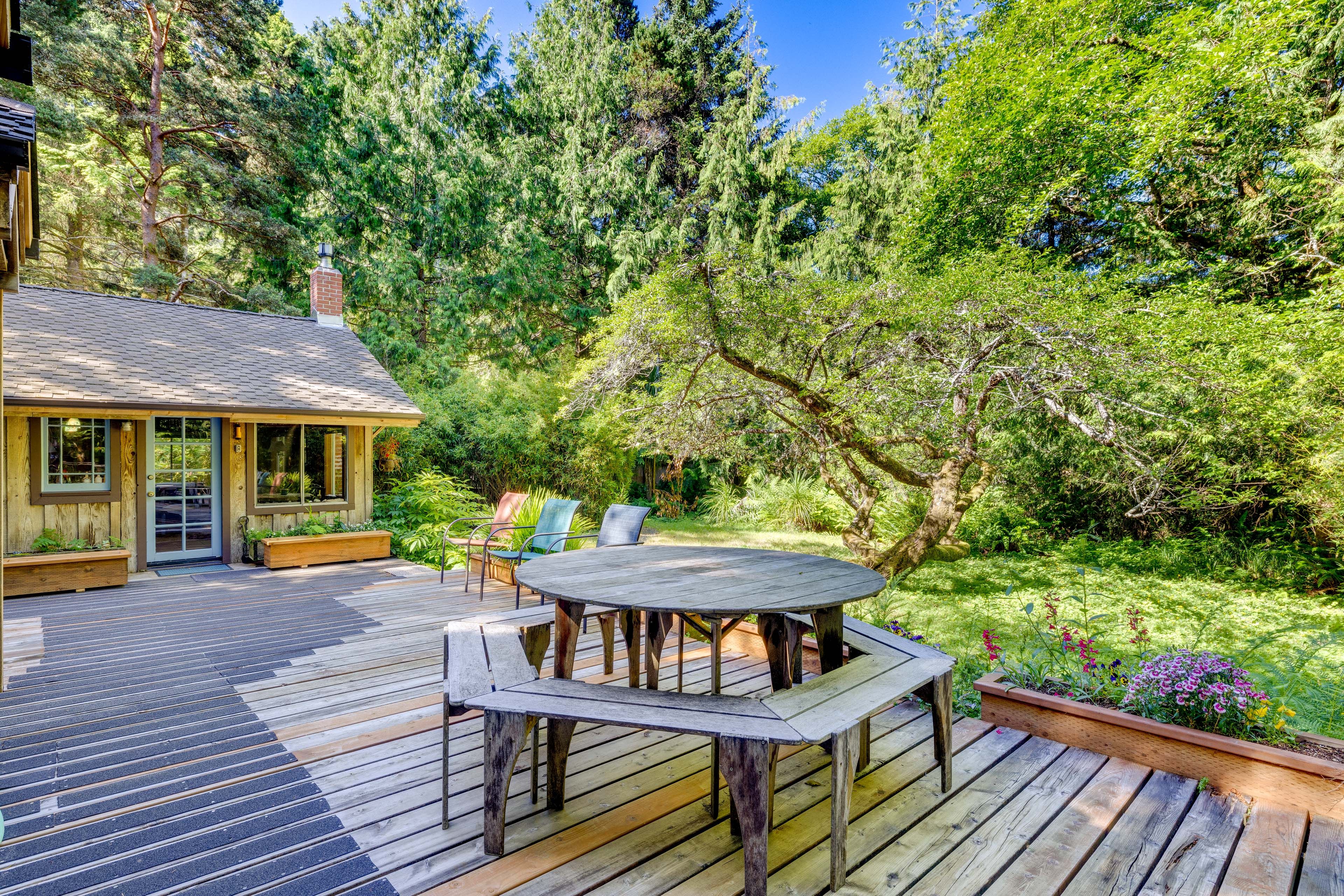 Deck | Bistro Lighting | Wooded Surroundings | Private Hot Tub