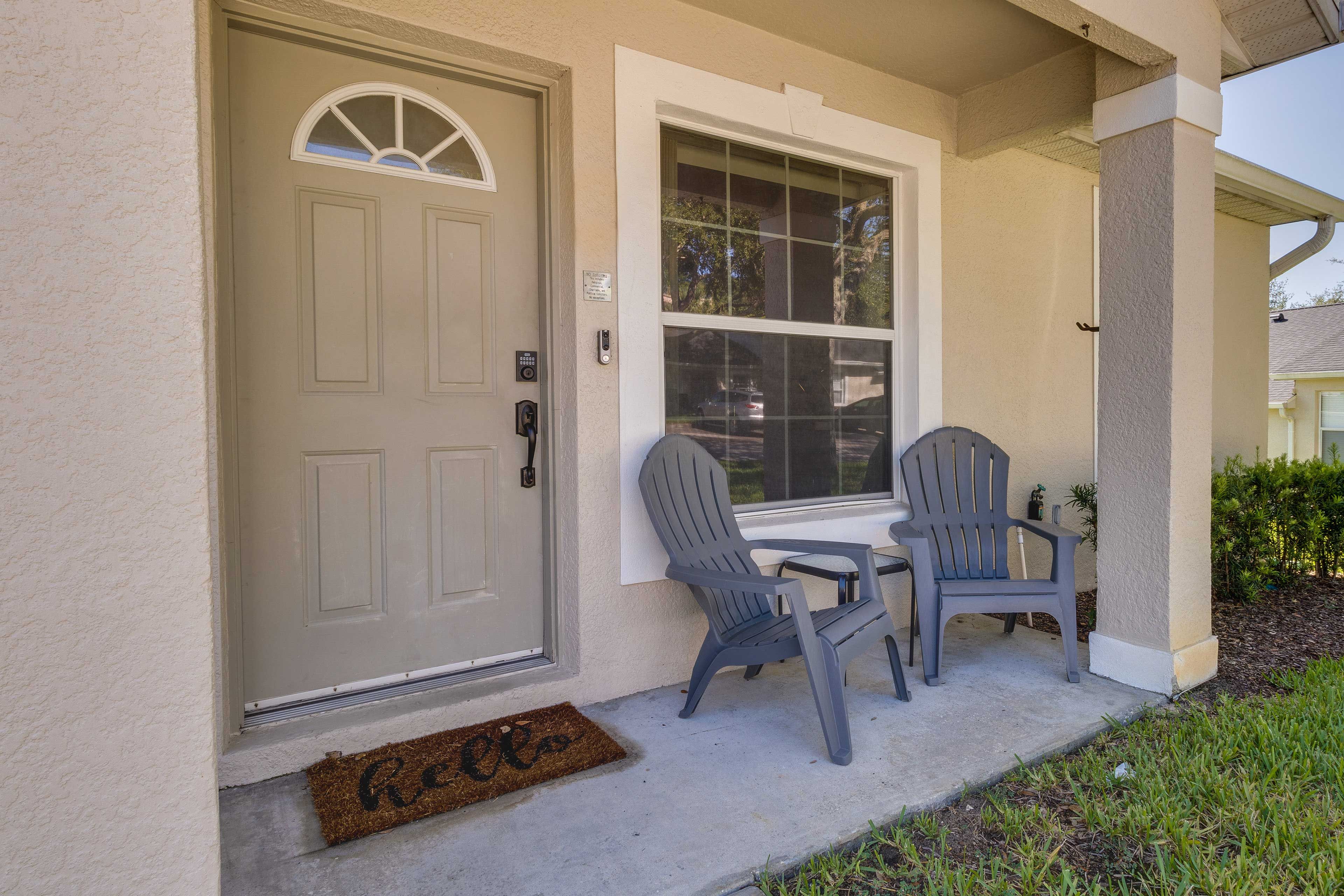 Townhome Exterior | Keyless Entry | Furnished Porch