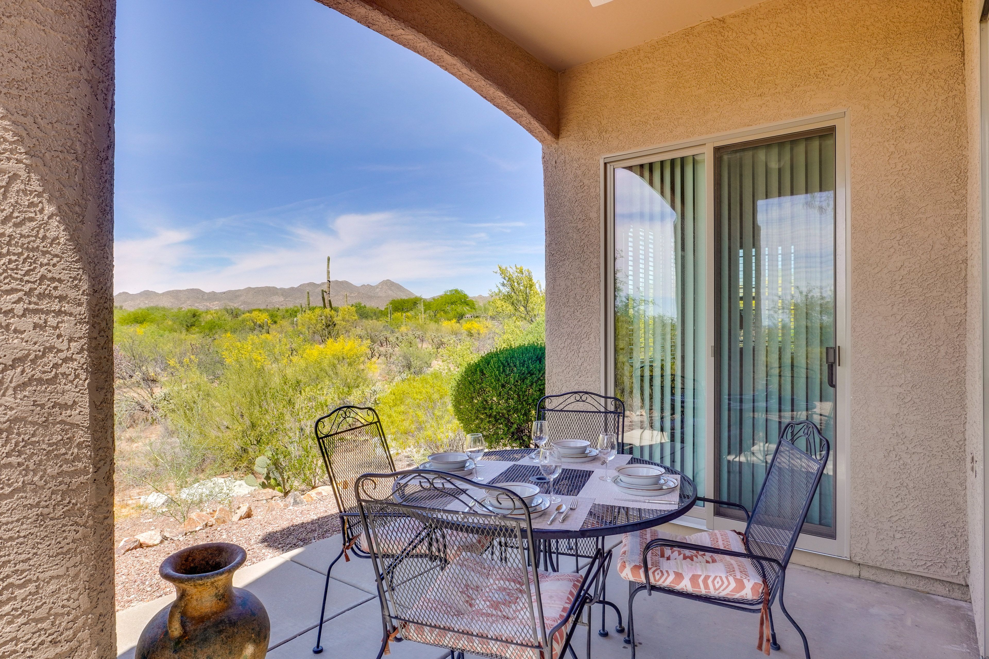 Covered Patio | Dining Area | Desert & Mountain Views