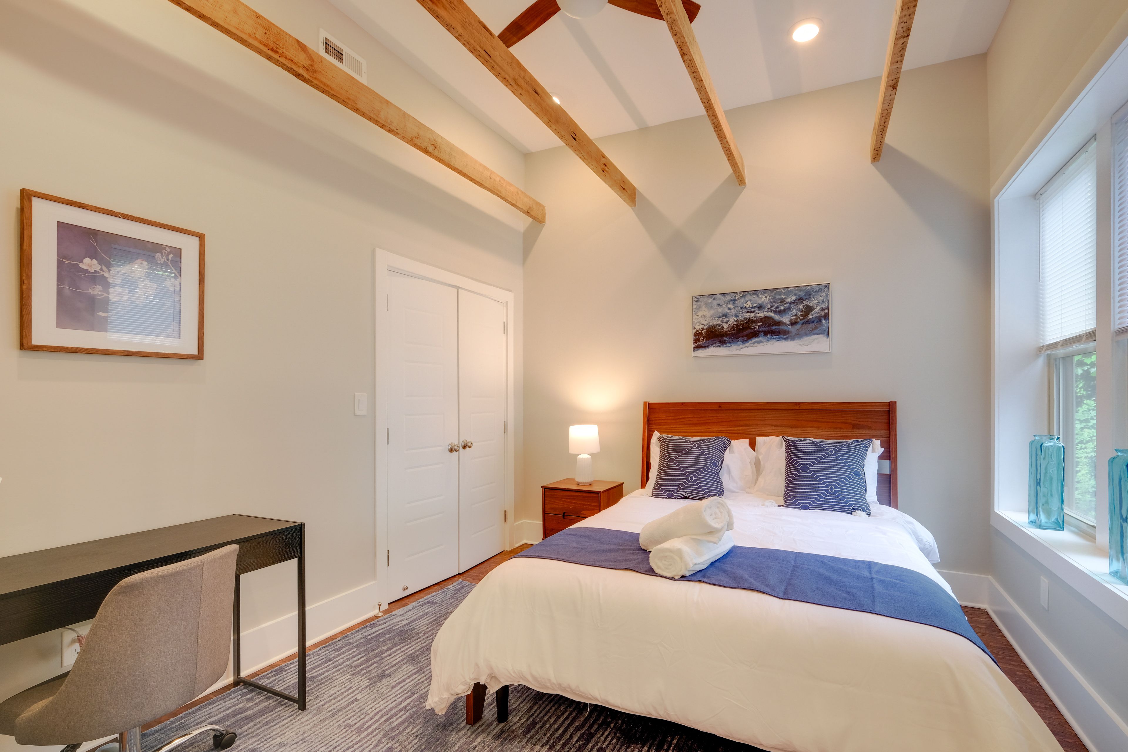 Bedroom 1 | Queen Bed | Workstation | Ceiling Fan