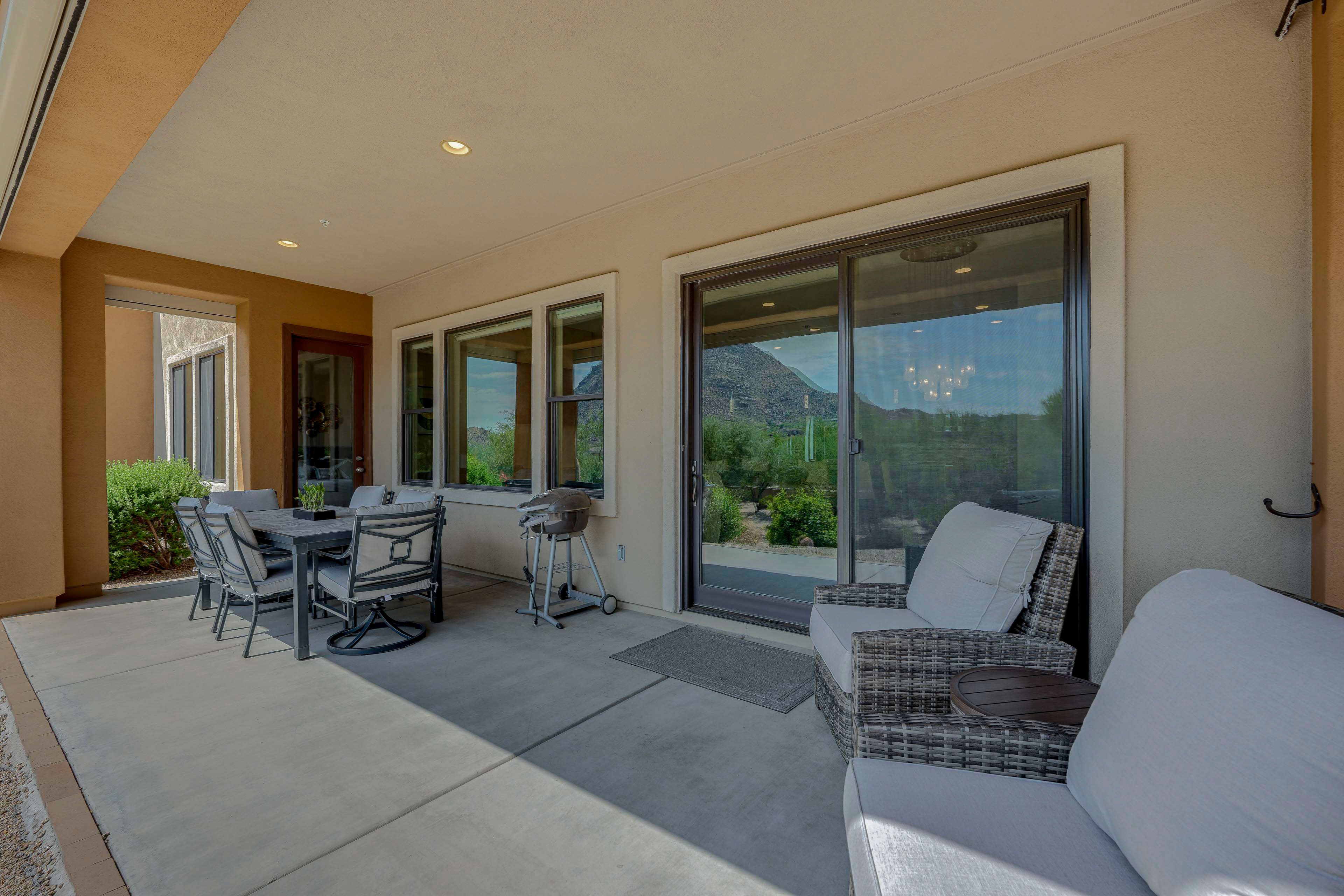 Covered Patio | Outdoor Dining Area | Grill | Mountain Views