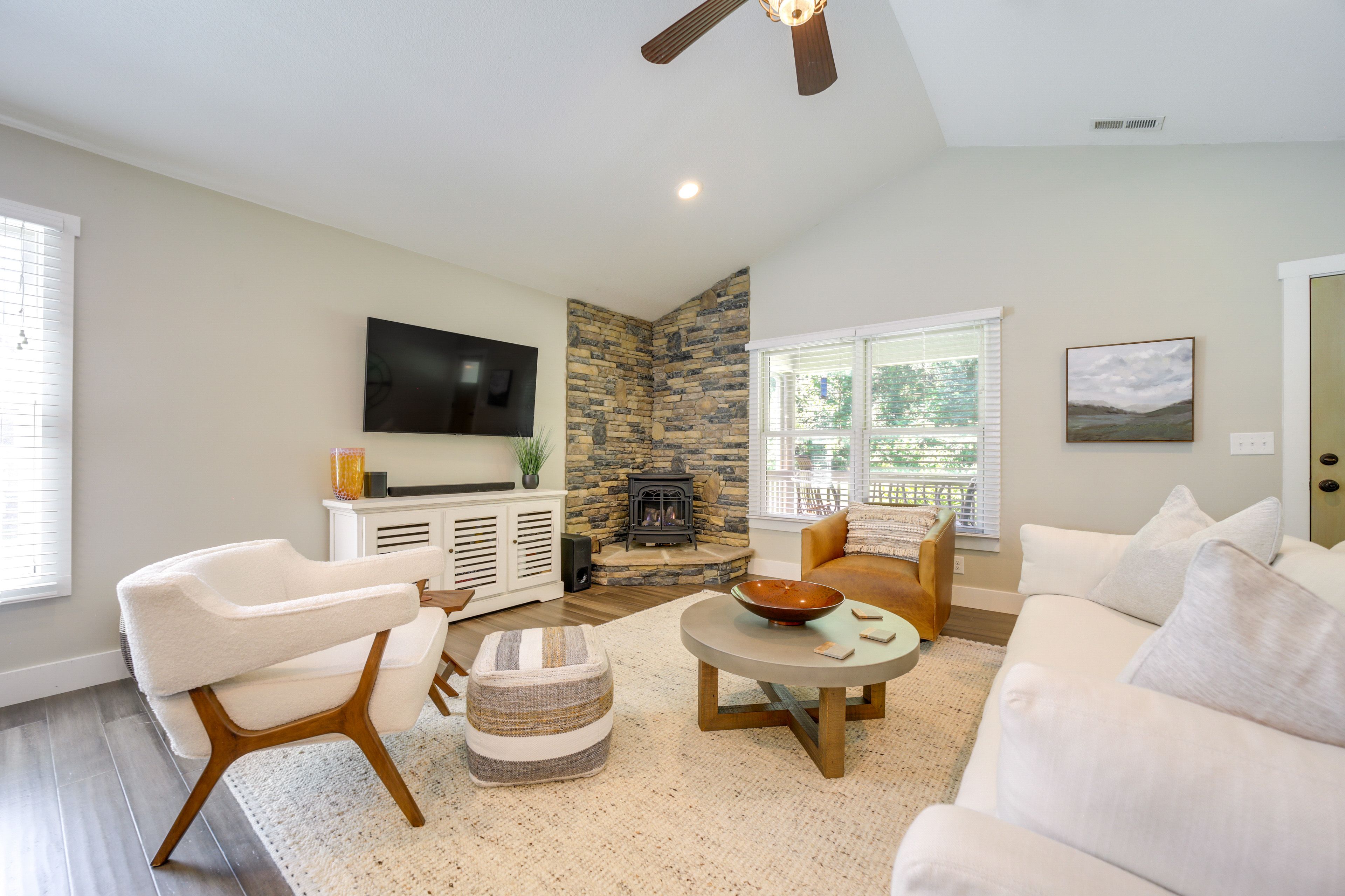 Living Room | Smart TV | Electric Fireplace | Central A/C