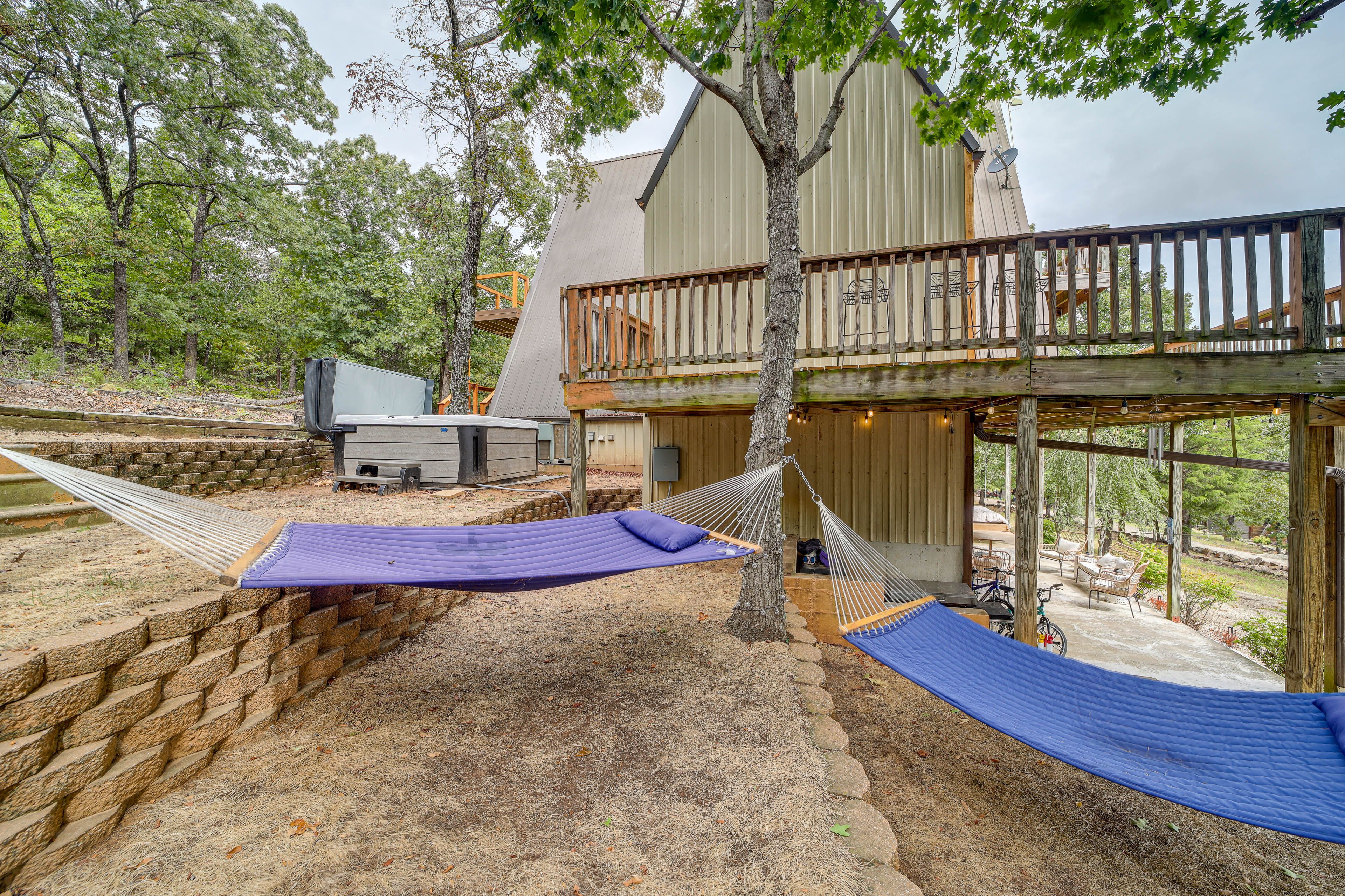 Cabin Exterior | Wraparound Deck | Furnished Front Porch | Hammocks
