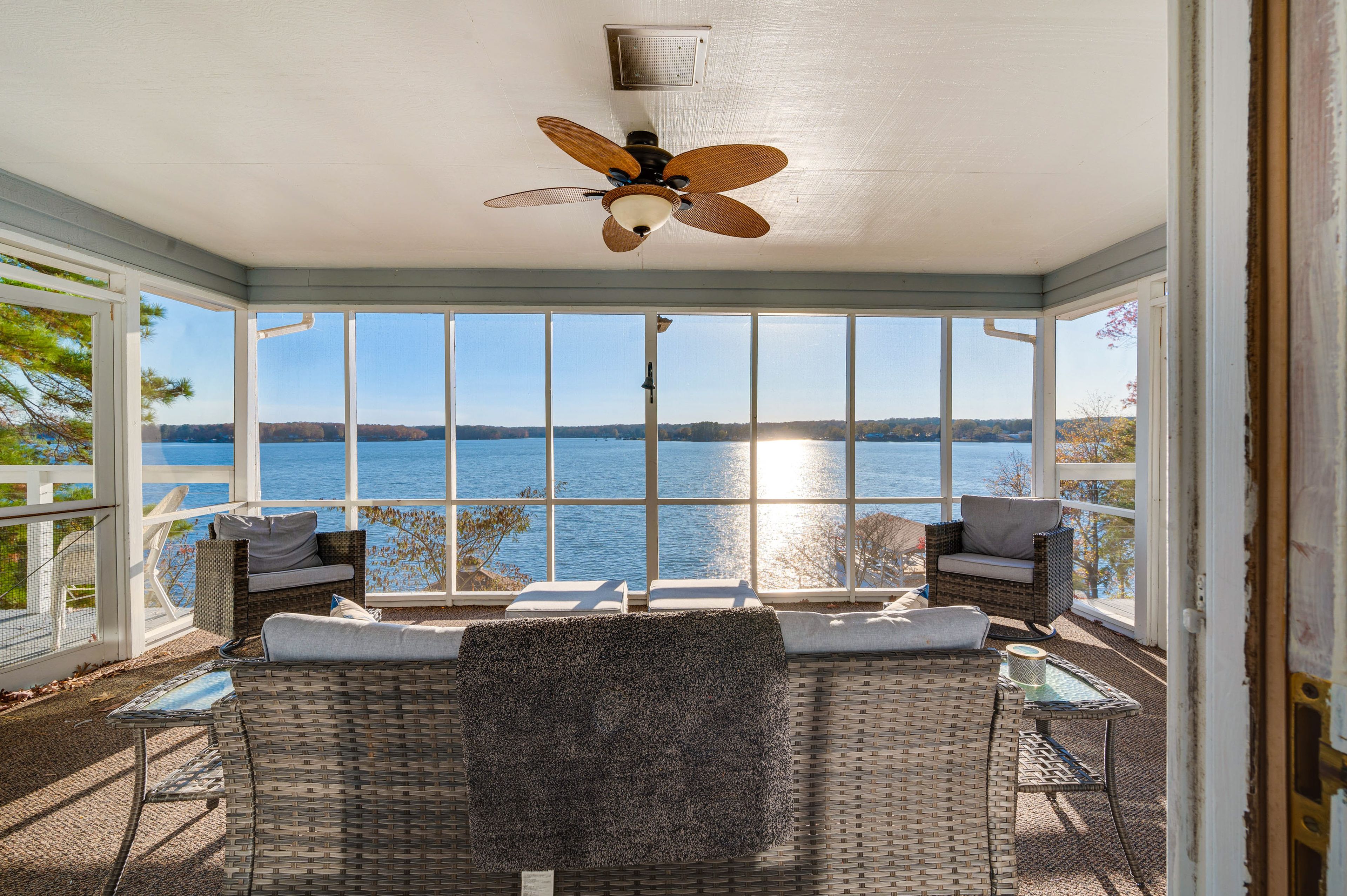 Screened-In Deck | Lounge Seating | Ceiling Fan | Water View