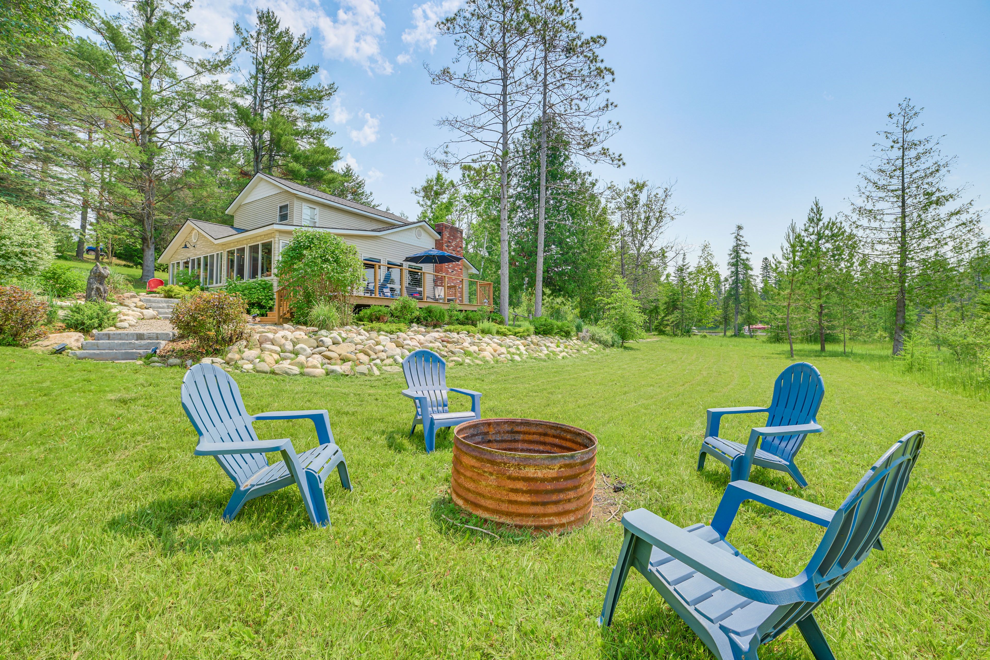 Exterior | Fire Pit w/ Seating | Furnished Deck | Dock & River Access