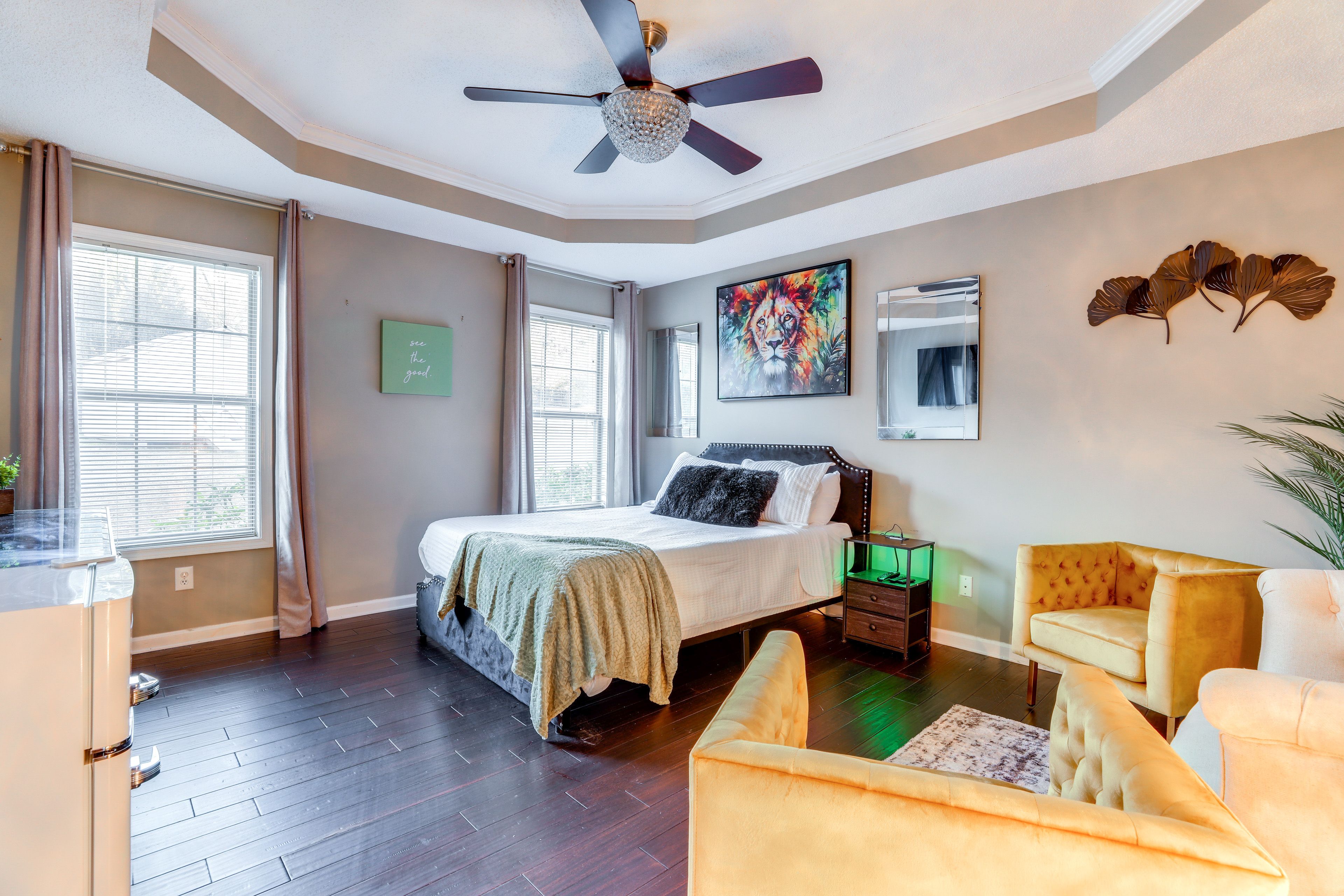 Bedroom 1 | Queen Bed | Linens Provided | Electric Fireplace