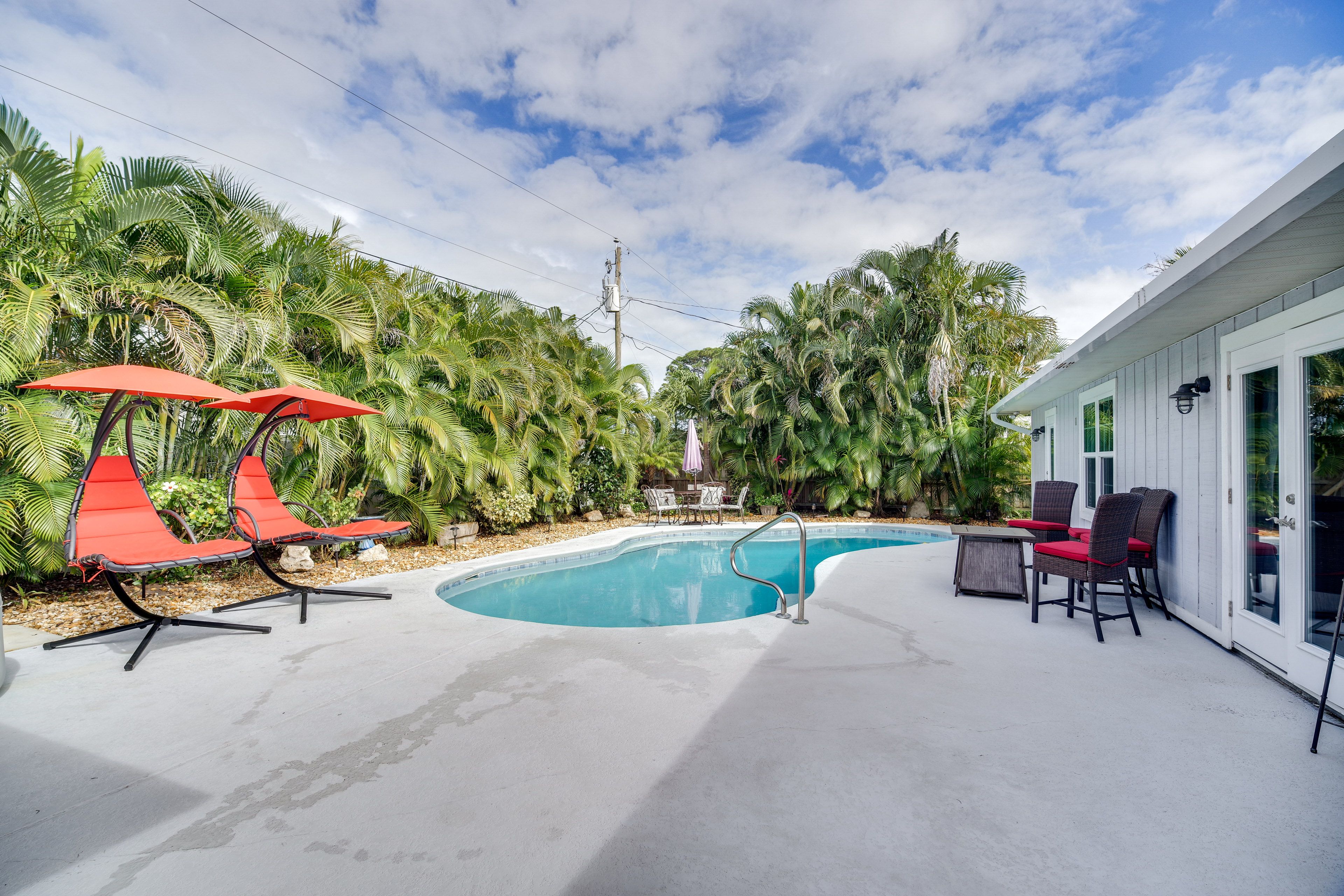 Private Pool | Hanging Chaise Lounge Chairs | Gas Fire Pit Table