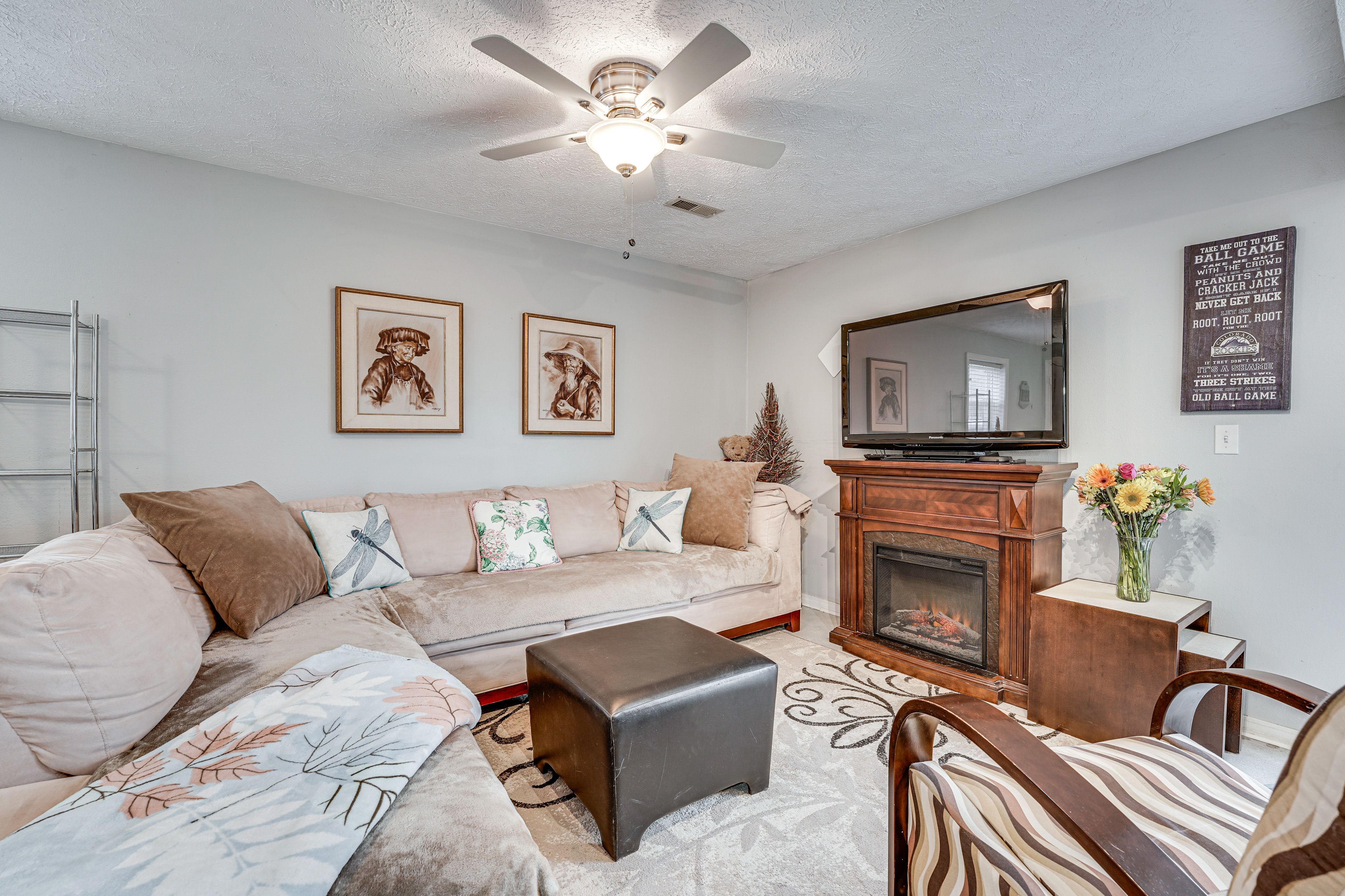 Living Area | Smart TV | Electric Fireplace | Books
