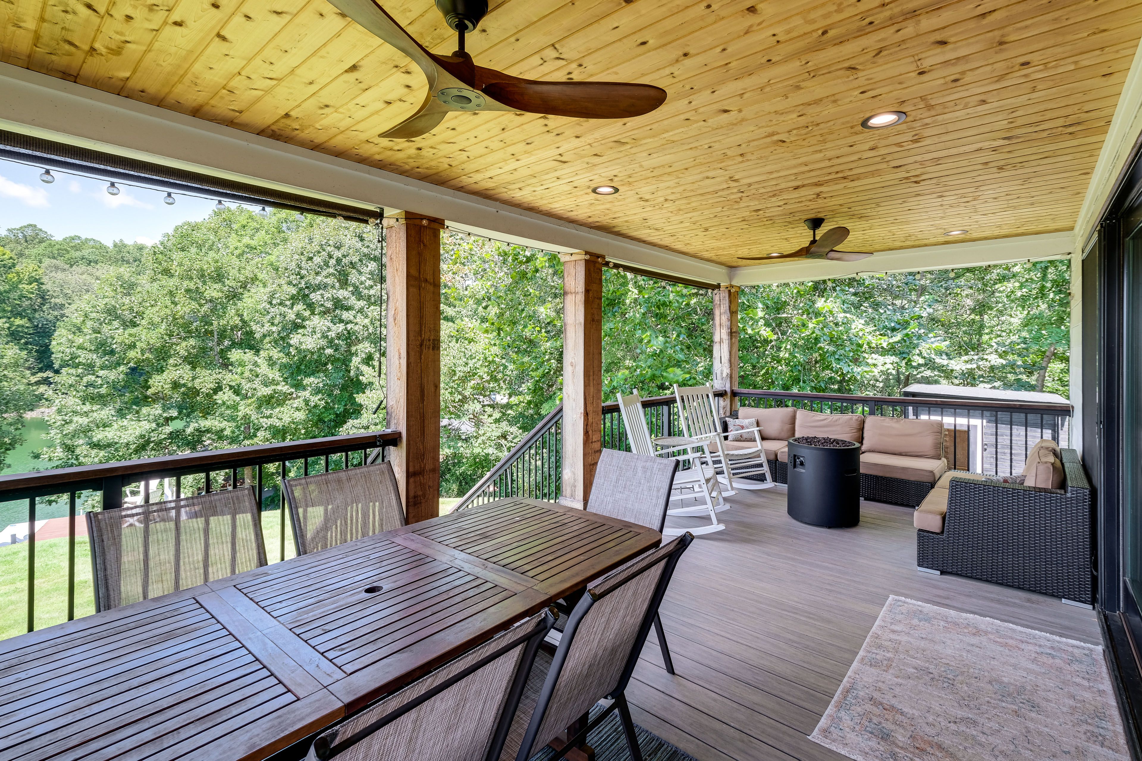 Deck | Dining Area | Rocking Chairs | Seating | Gas Fire Pit | Lake View