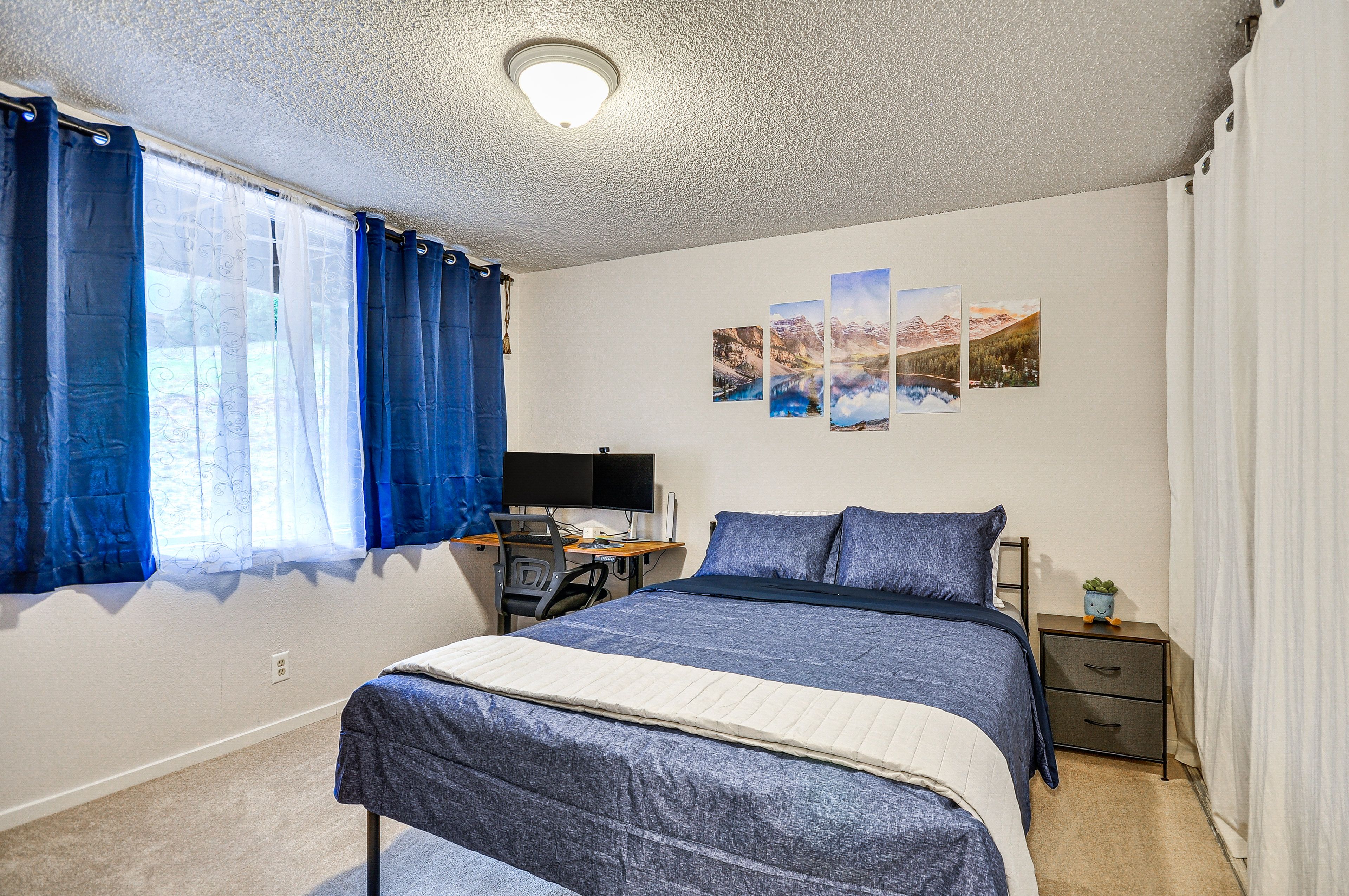 Bedroom 1 | Queen Bed | Desk w/ Monitors & Webcam | Portable A/C Unit