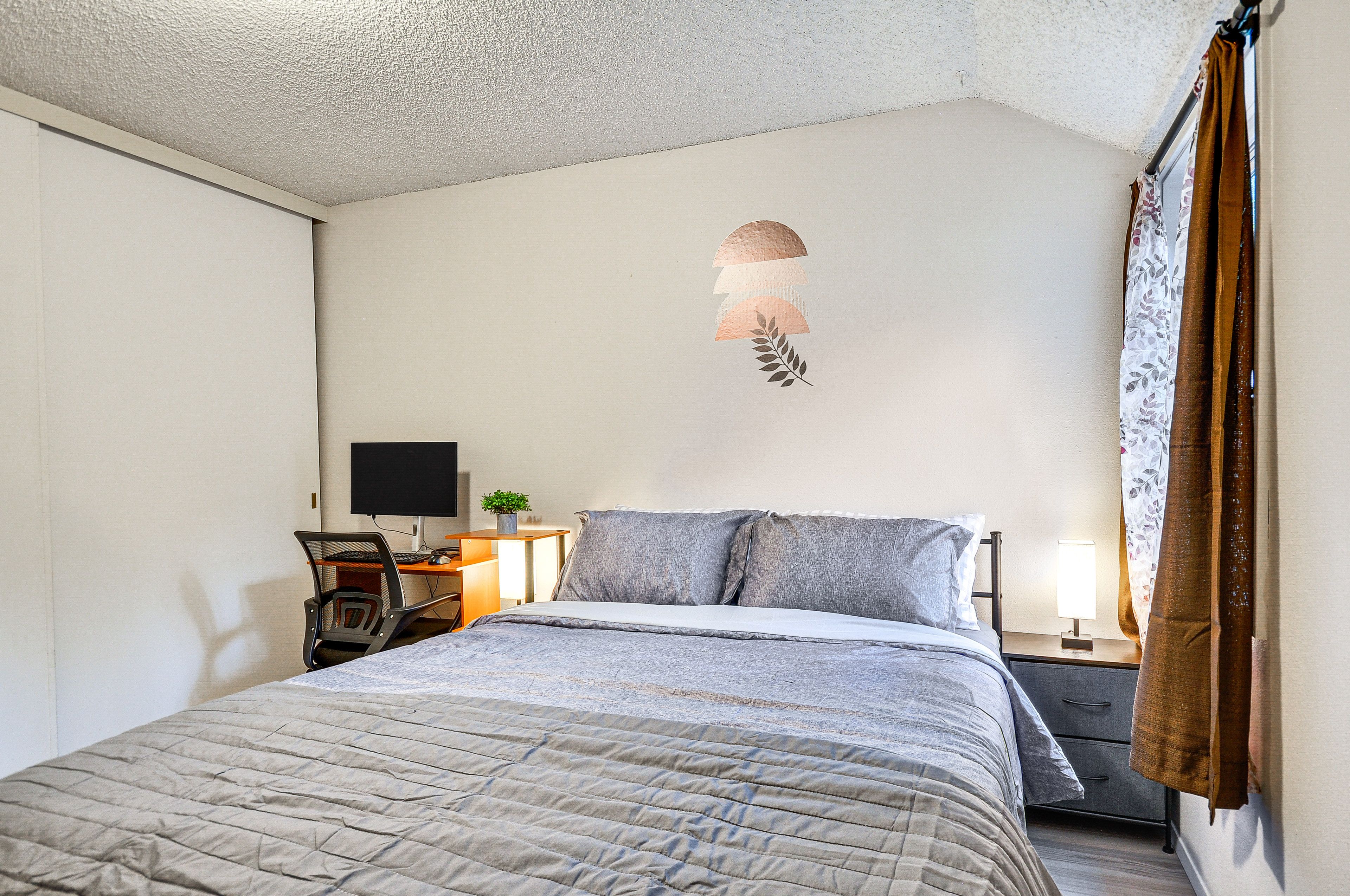 Bedroom 2 | Queen Bed | Laptop-Friendly Desk w/ Monitor | Electric Heat