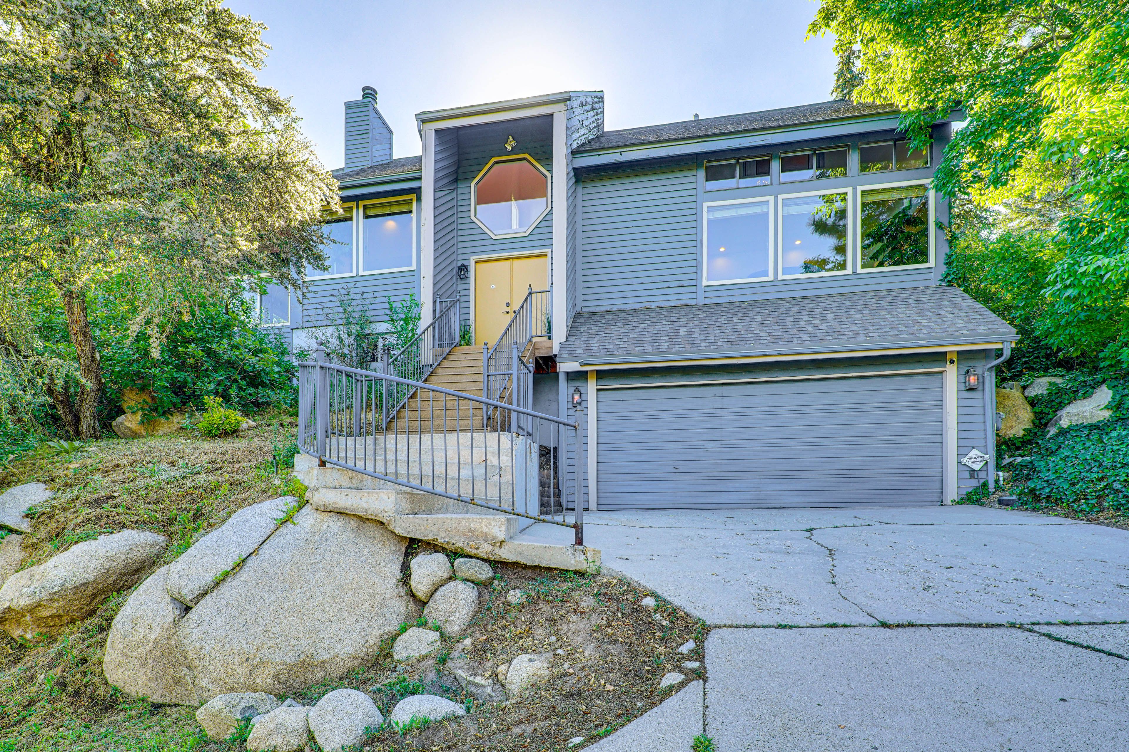 Property Exterior | 3-Story Home | Private Hot Tub | Balcony w/ Seating