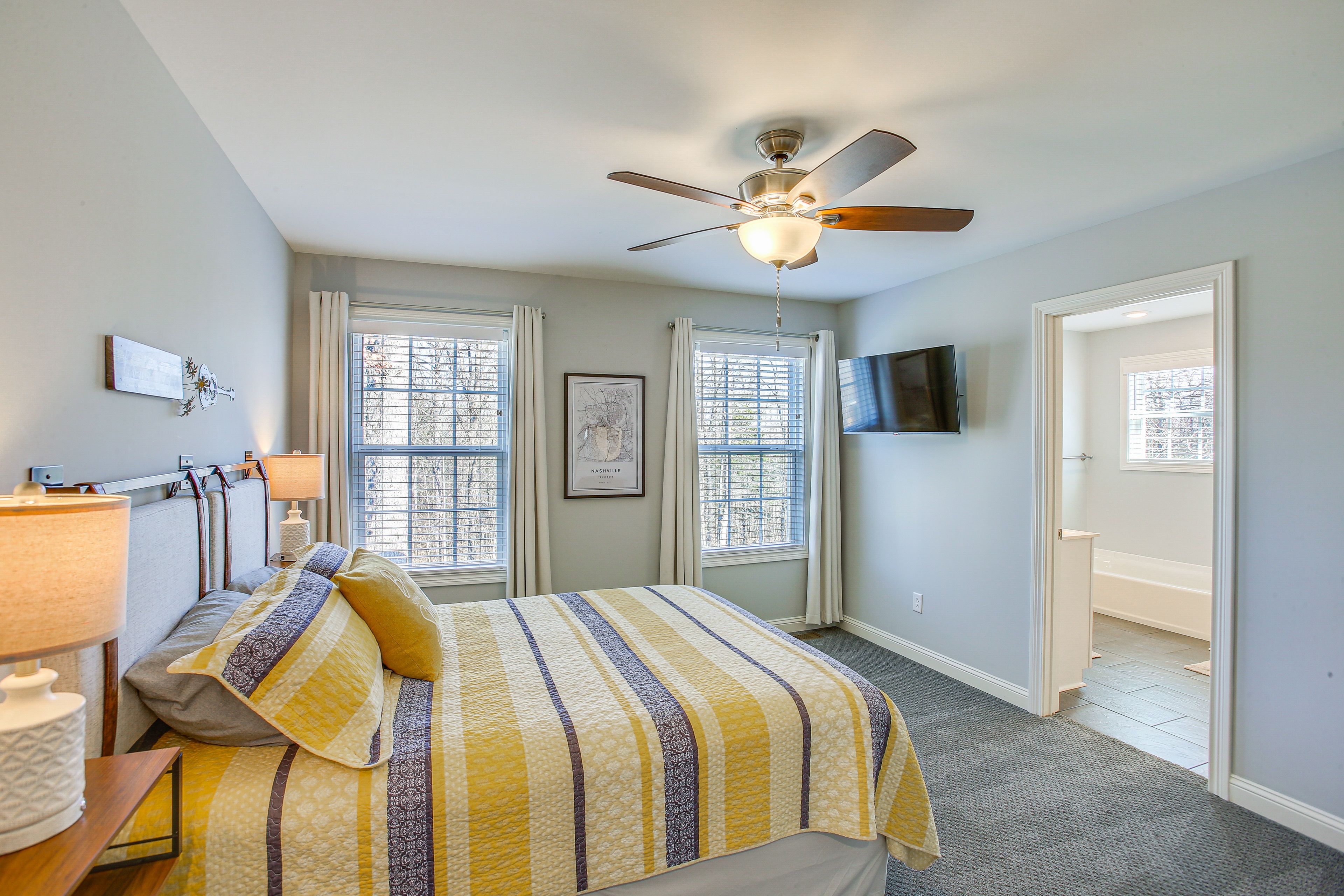 Bedroom 1 | Queen Bed | Linens Provided | Smart TV | Laptop-Friendly Workspace