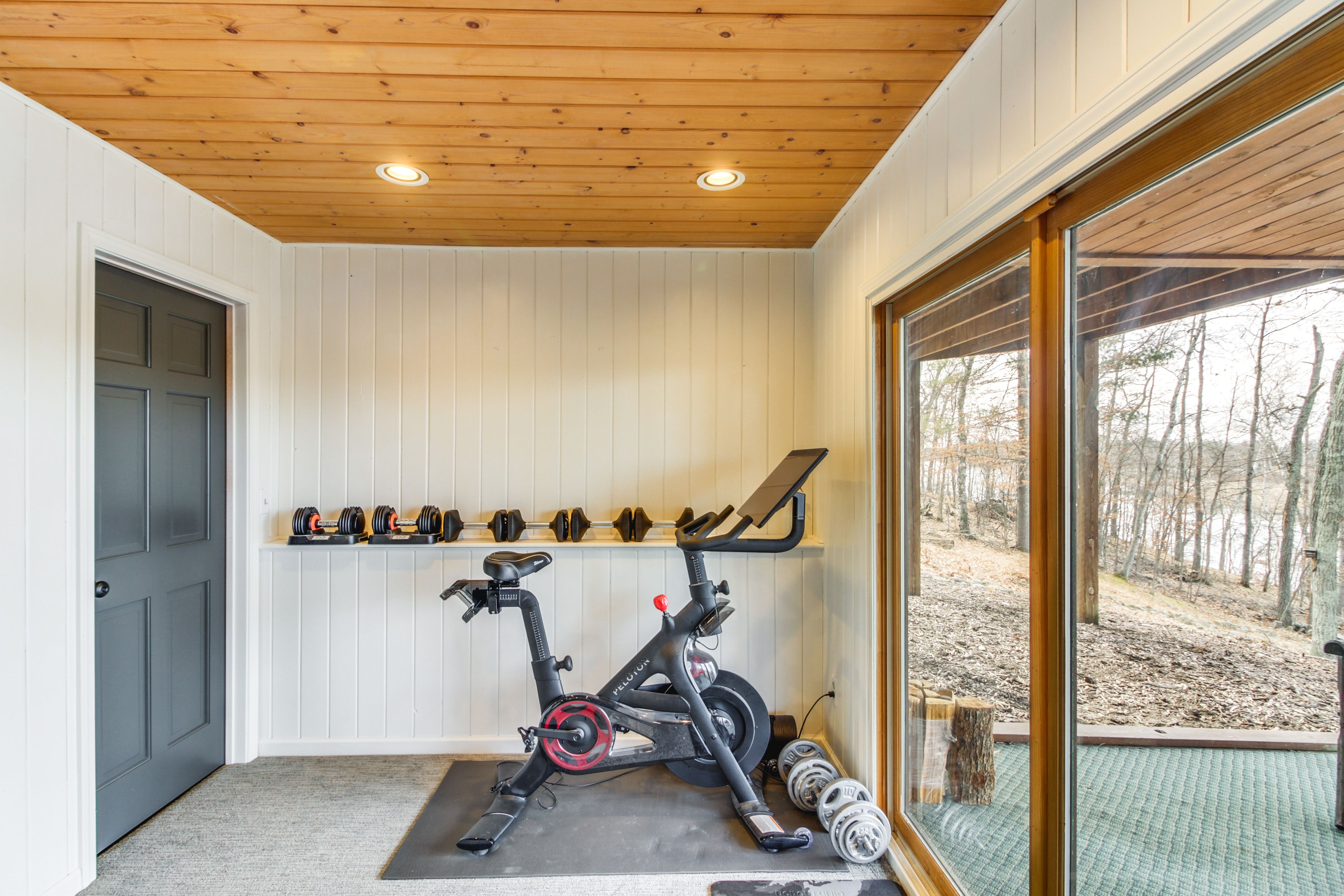 Workout Area | Lower Level | Weights | Peloton Bike | Lake View