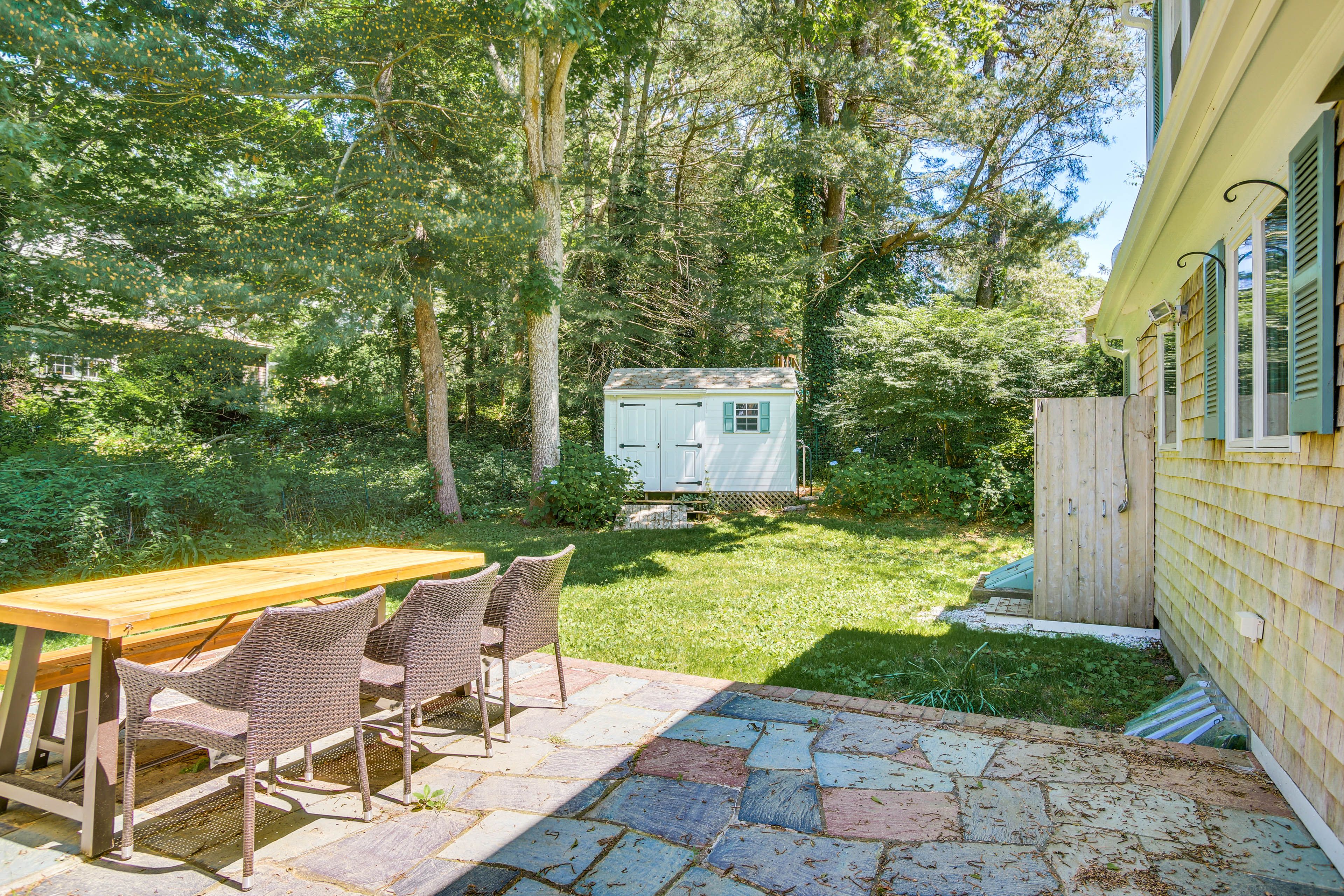 Patio | Outdoor Dining Area | Backyard | Walk to Bay