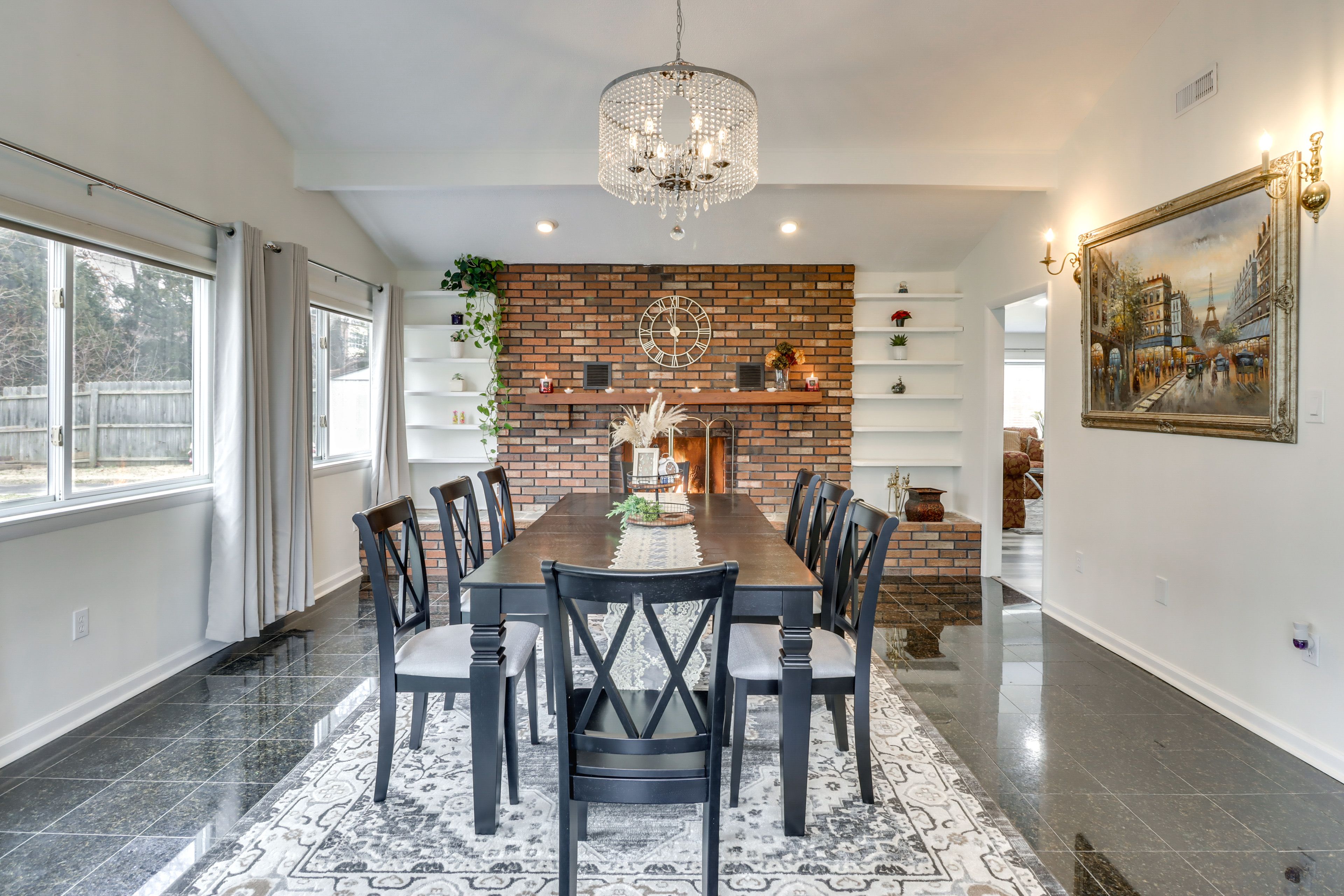Formal Dining Area | Dining Table | Dishware/Flatware | Wood-Burning Fireplace