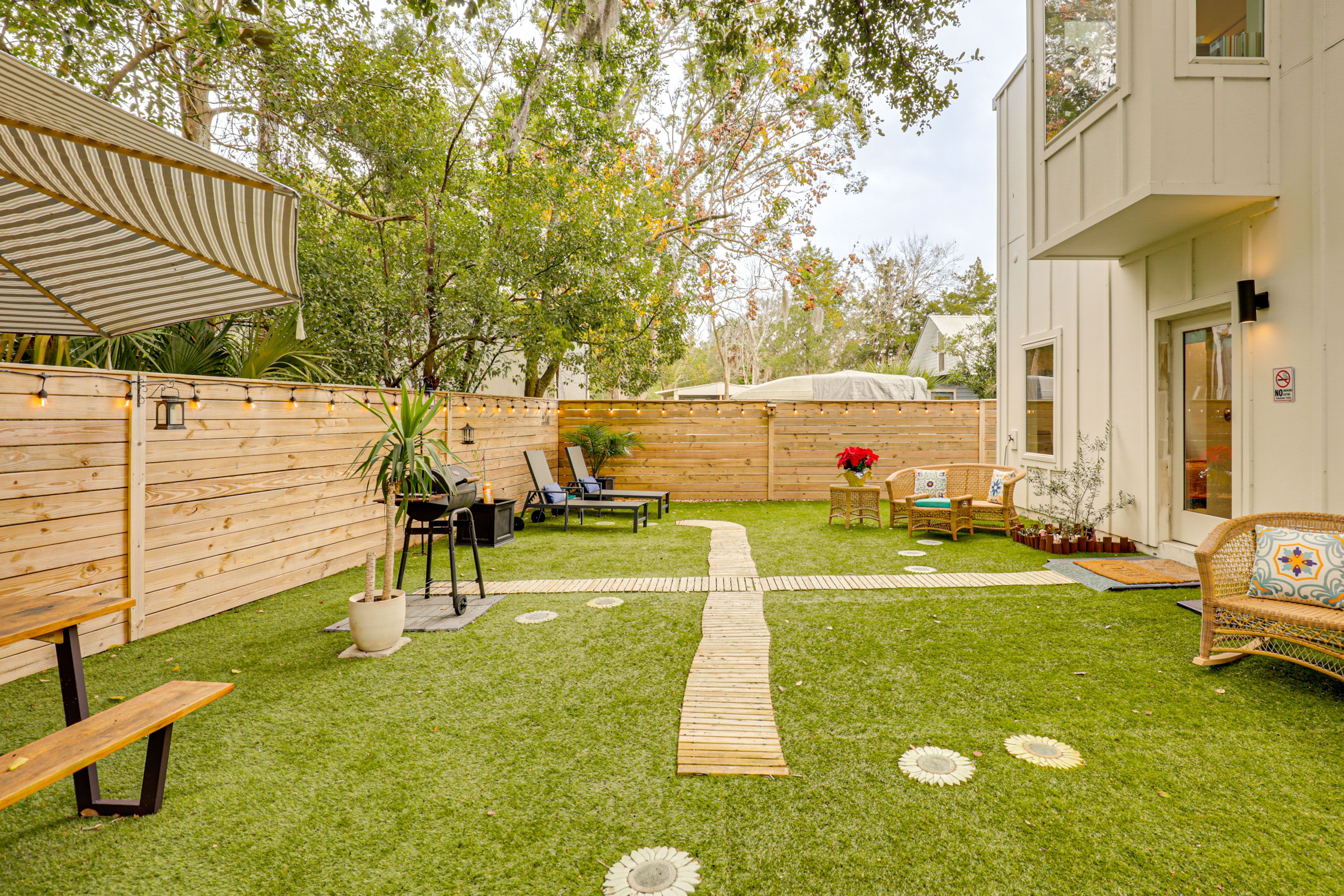 House Exterior | Fire Pit | Picnic Table | Charcoal Grill | Fenced Backyard