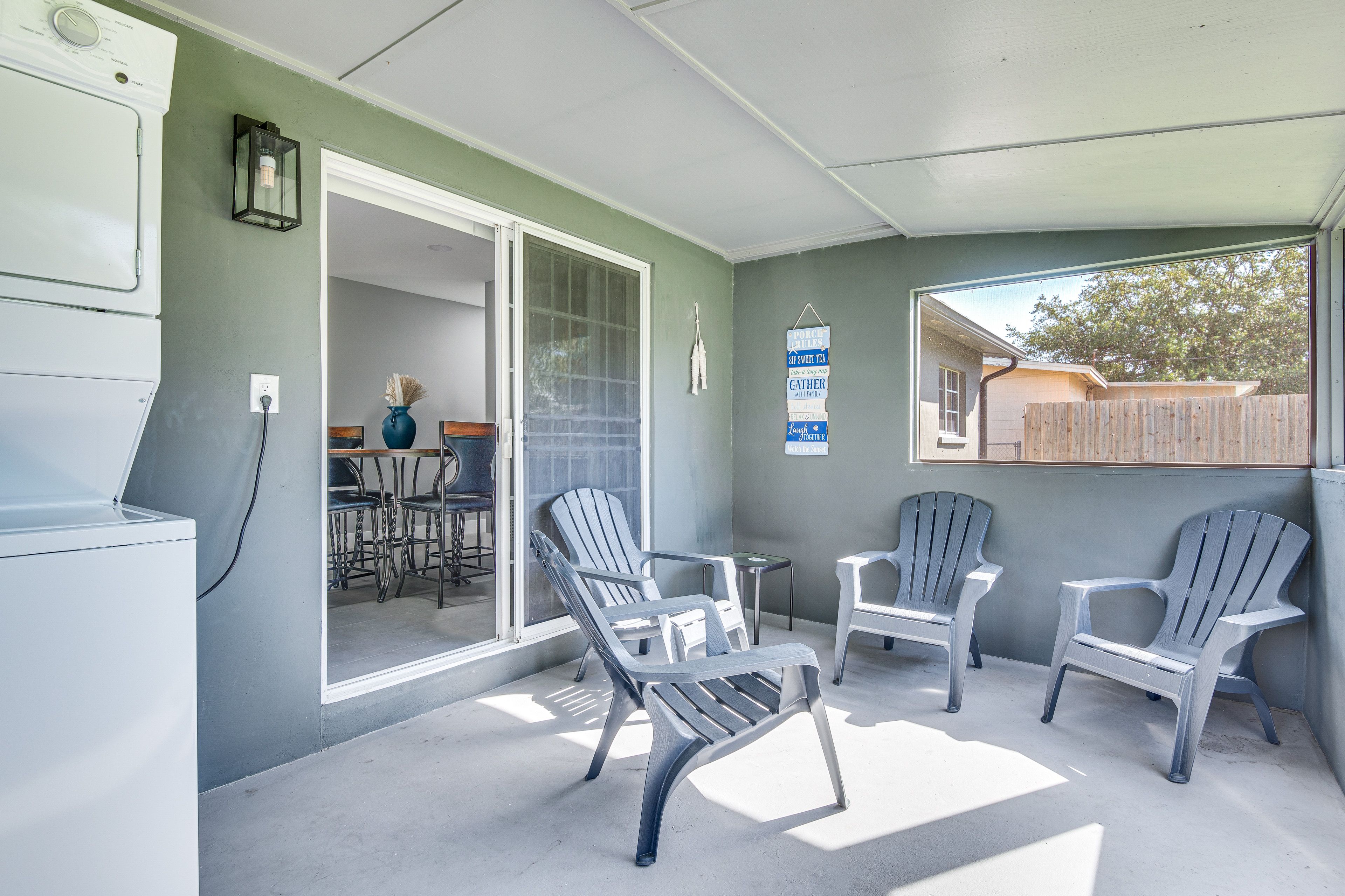 Private Porch | In-Unit Laundry | 1 Interior Step