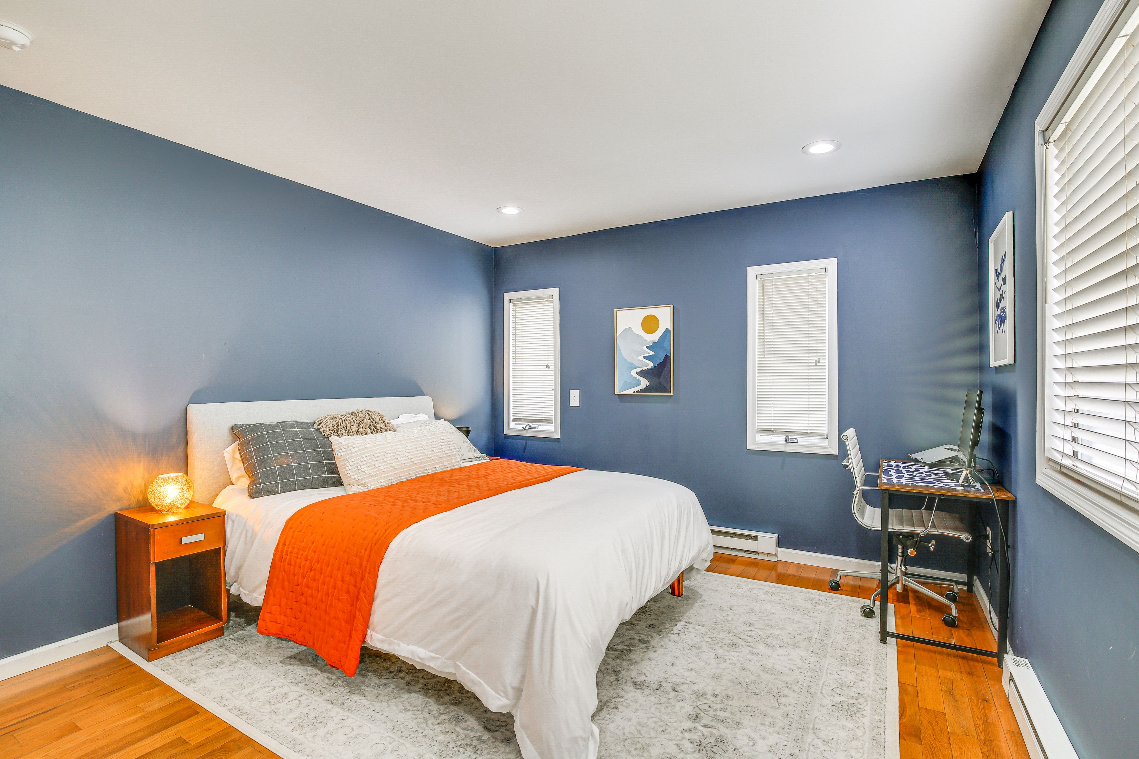 Bedroom 1 | Main Level | Queen Bed | Desk Workspace w/ Monitor | Free WiFi