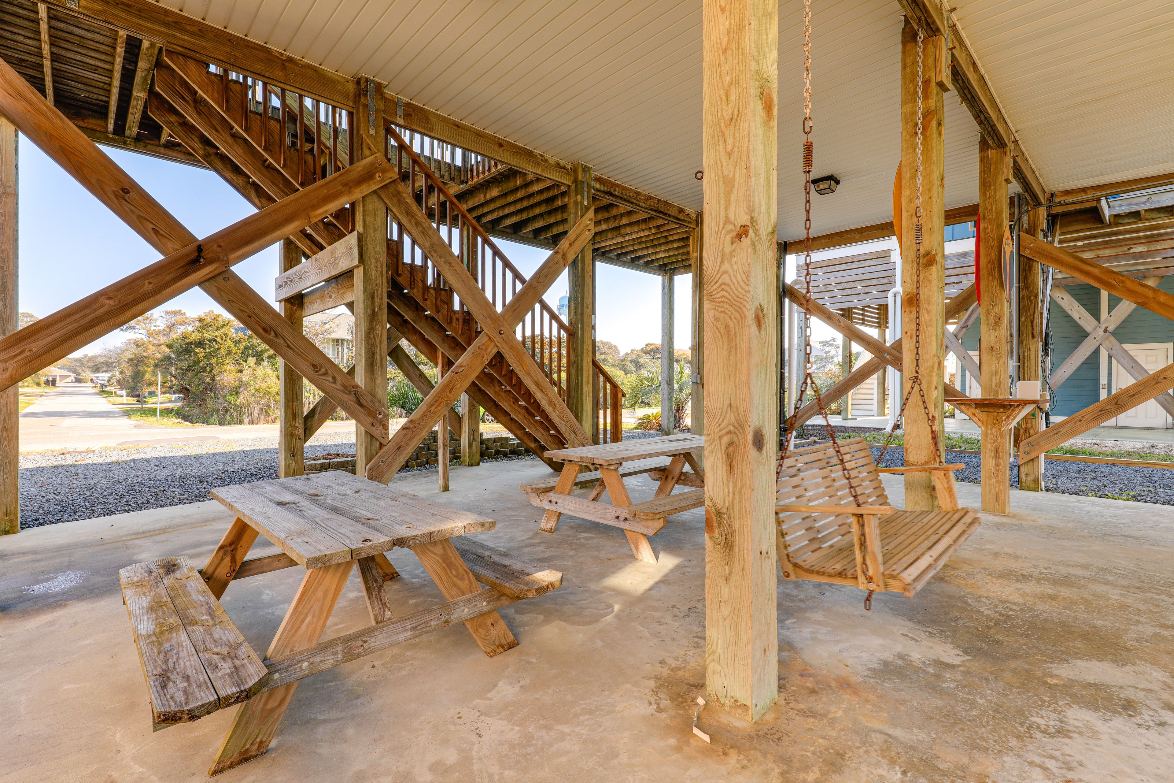Covered Patio | Ground Level | Picnic Tables | Patio Swing