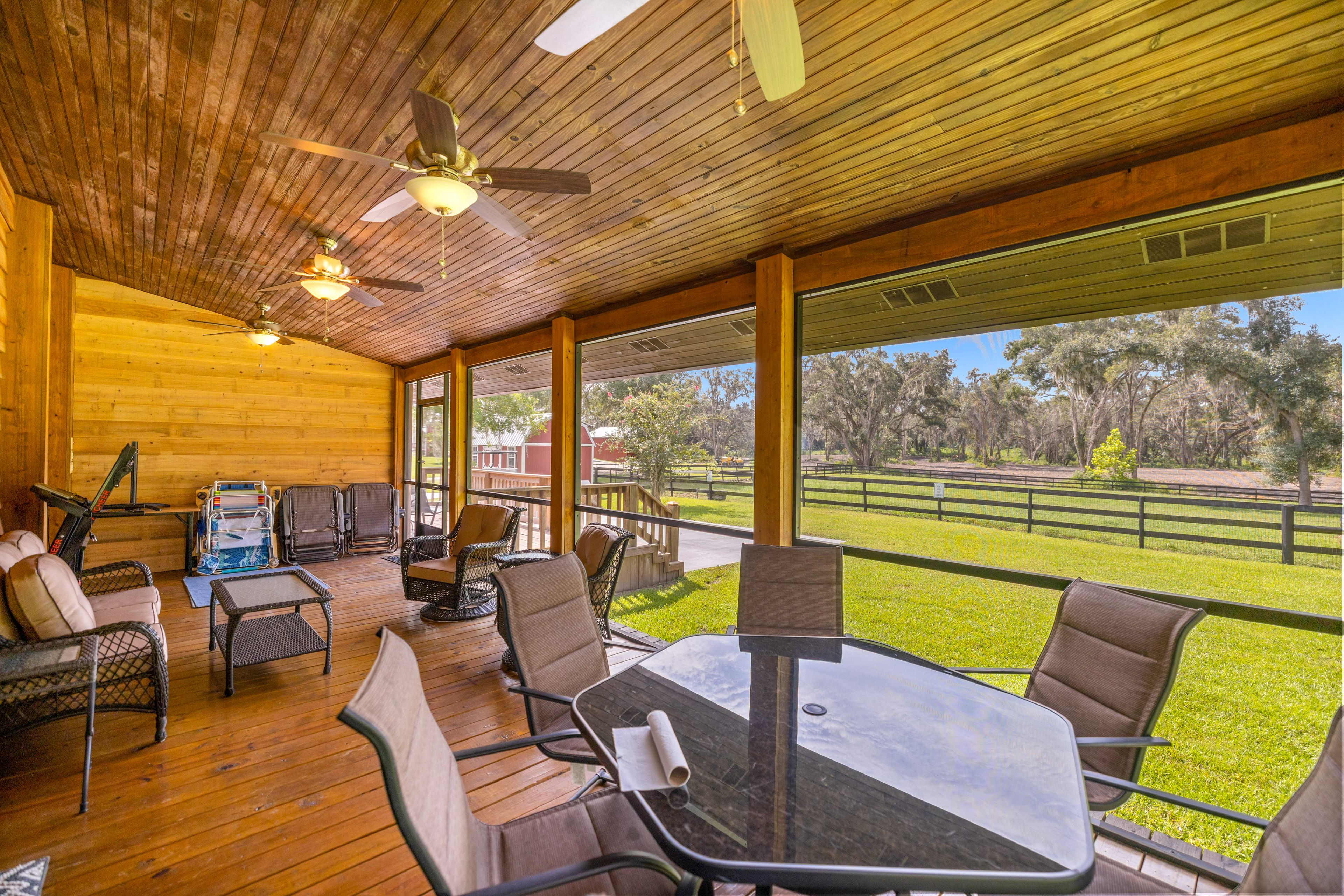House Exterior | Screened-In Porch | Single-Story Home | 40-Acre Horse Farm