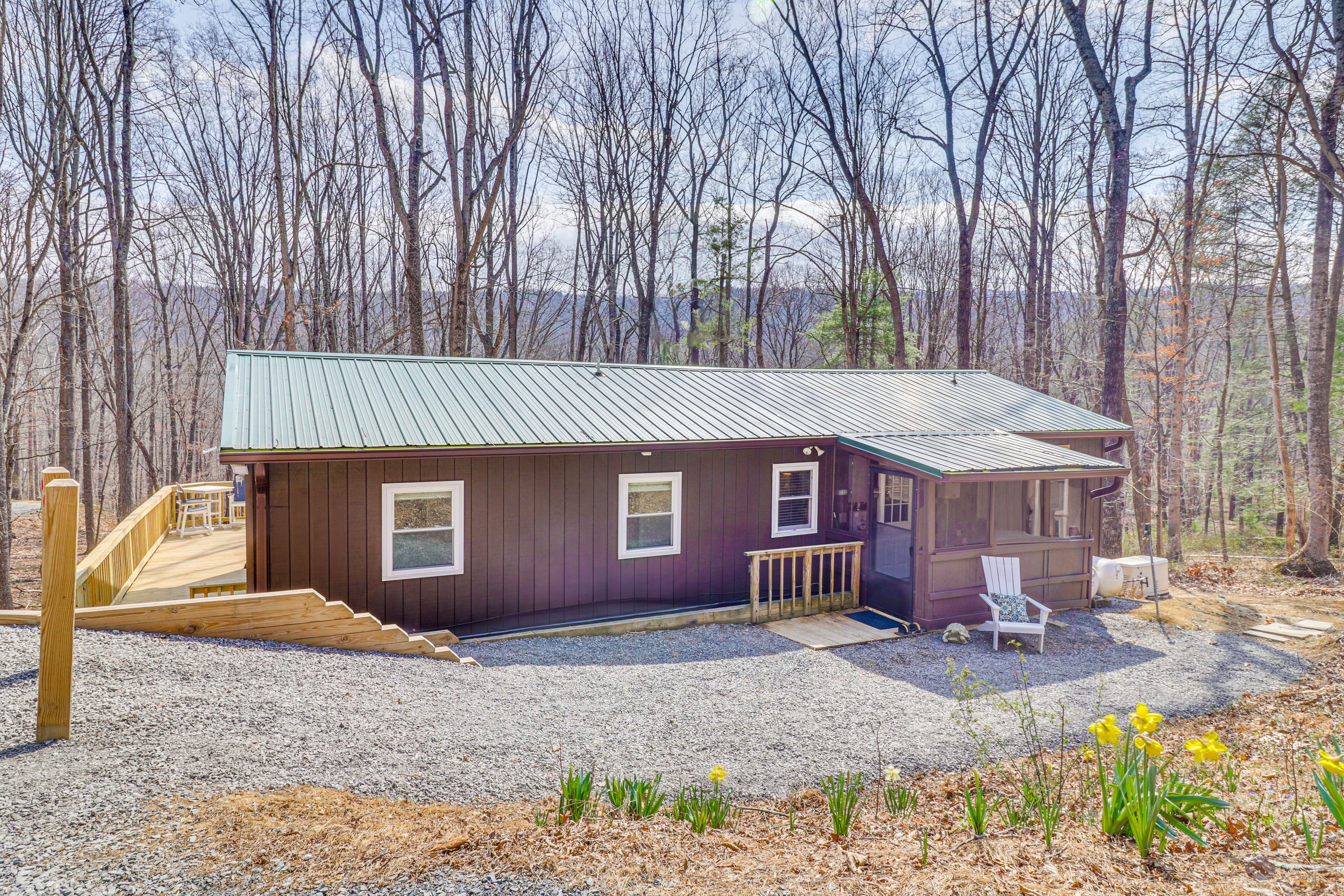 Cabin Exterior | Screened-In Porch | Sunroom | Charcoal Grill | 2 Fire Pits
