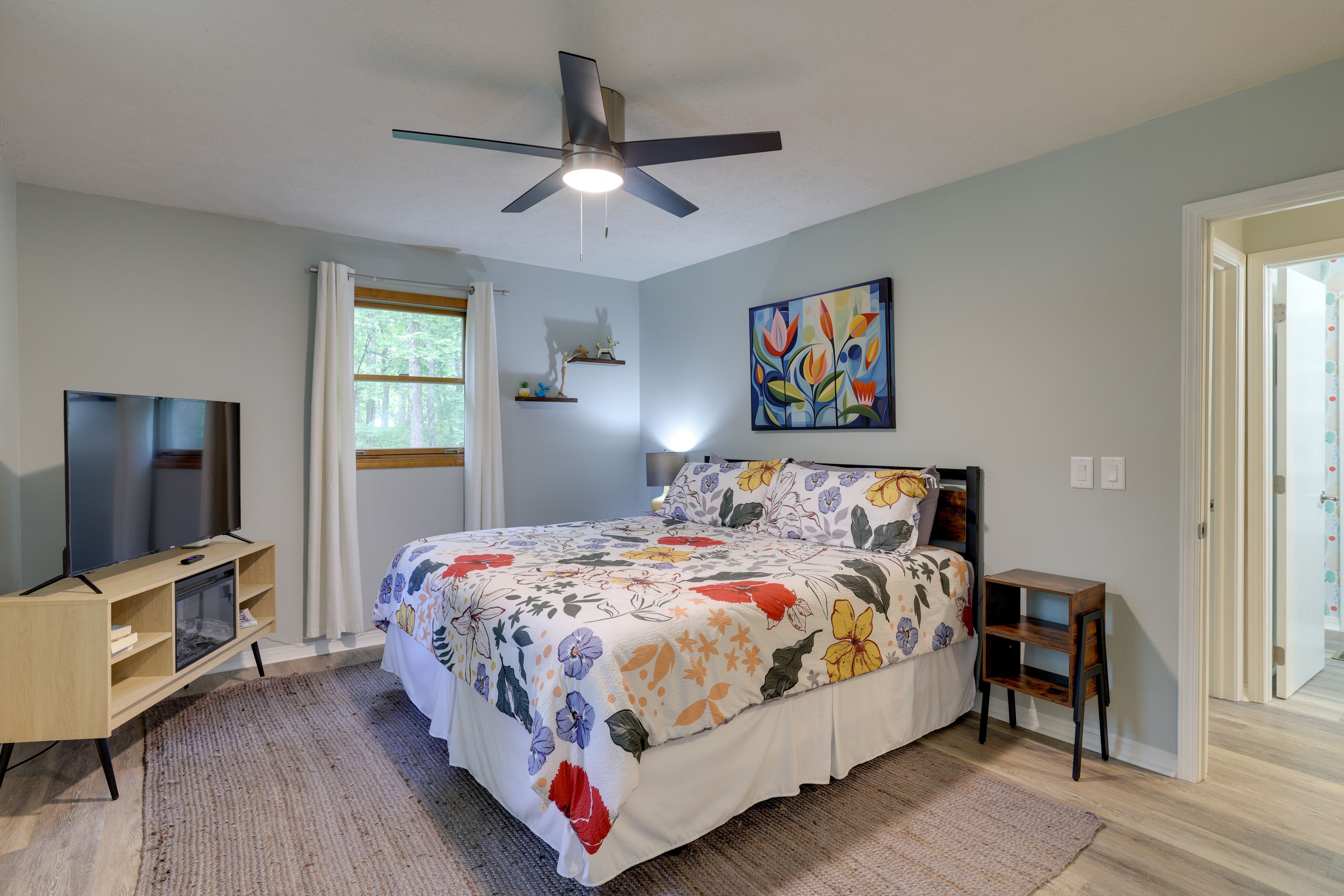 Bedroom 1 | King Bed | Linens Provided | Smart TV | Electric Fireplace