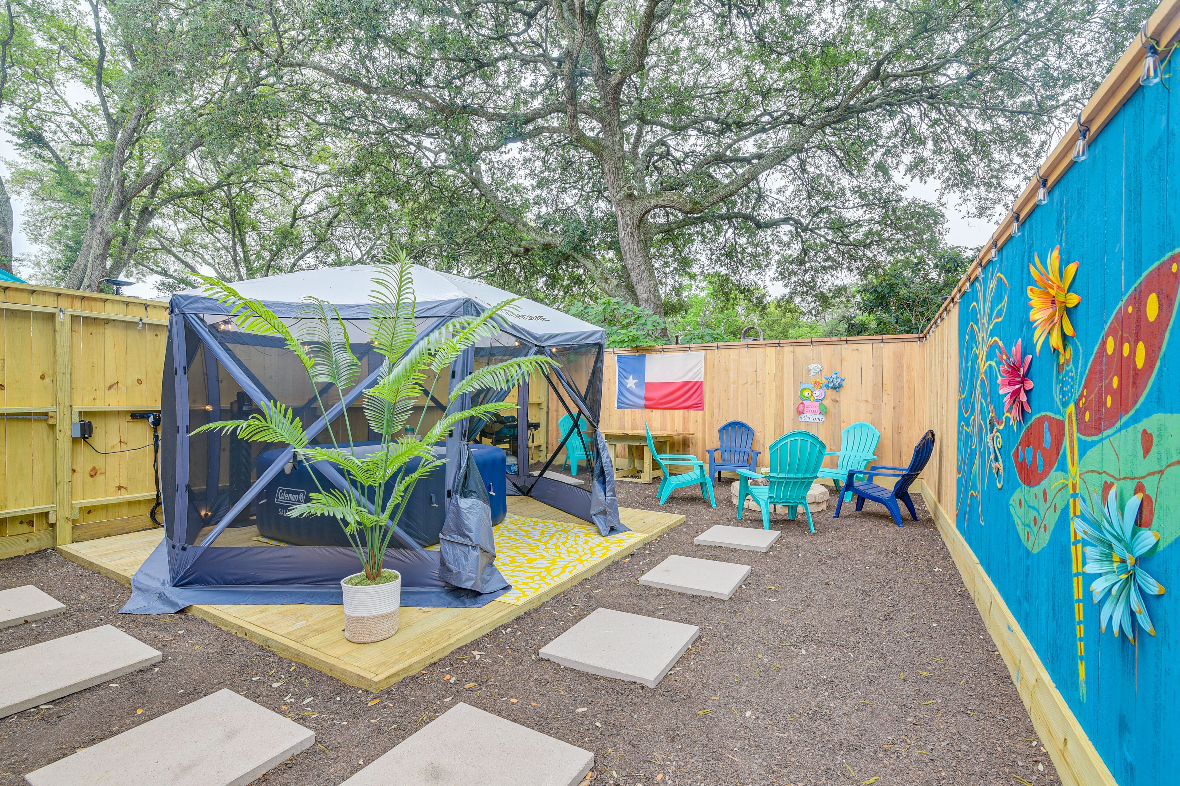 Apartment Exterior | Fenced Yard | Gazebo w/ Inflatable Hot Tub