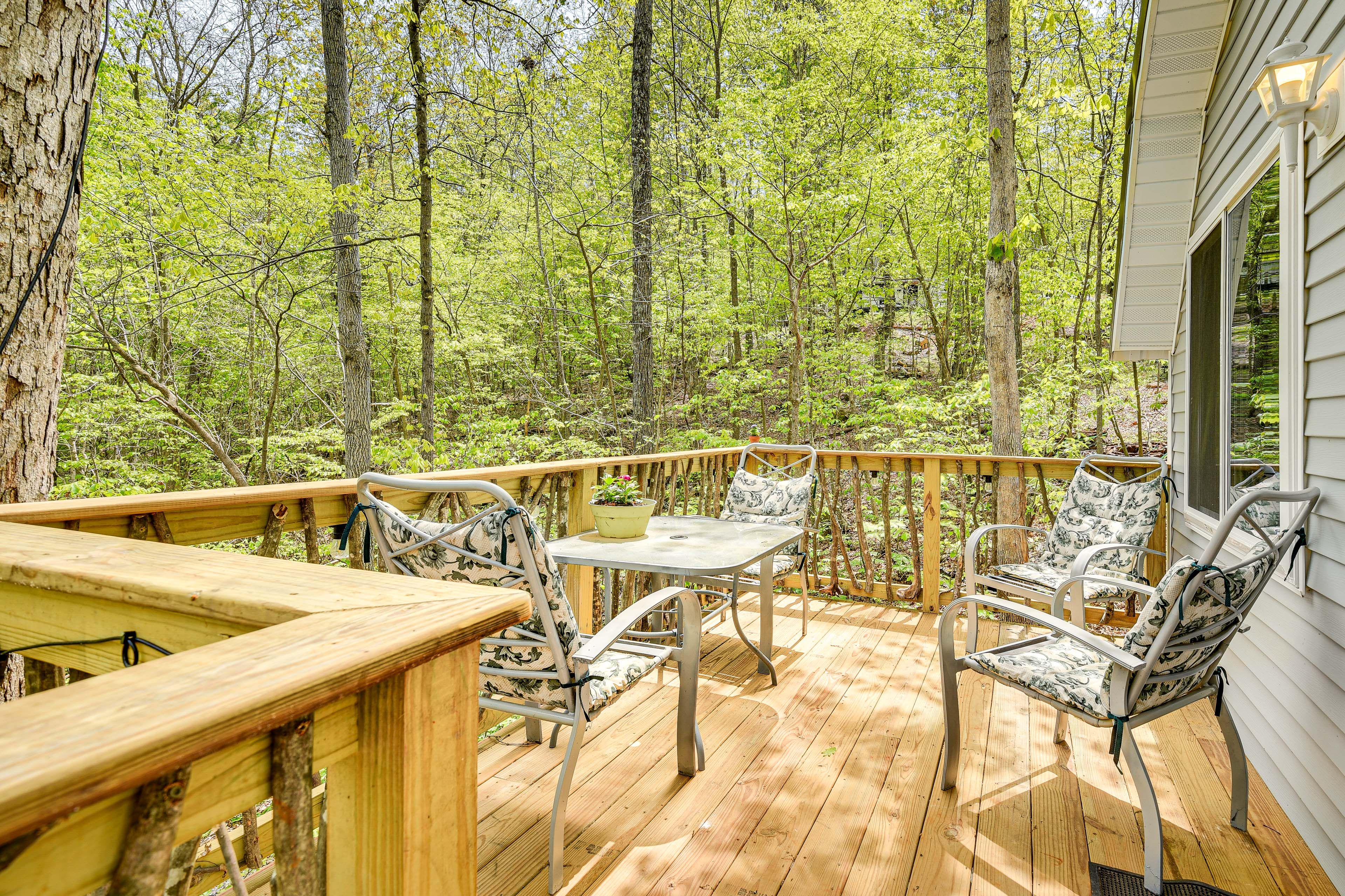 Deck | Outdoor Dining Area | Mountain + Forest Views