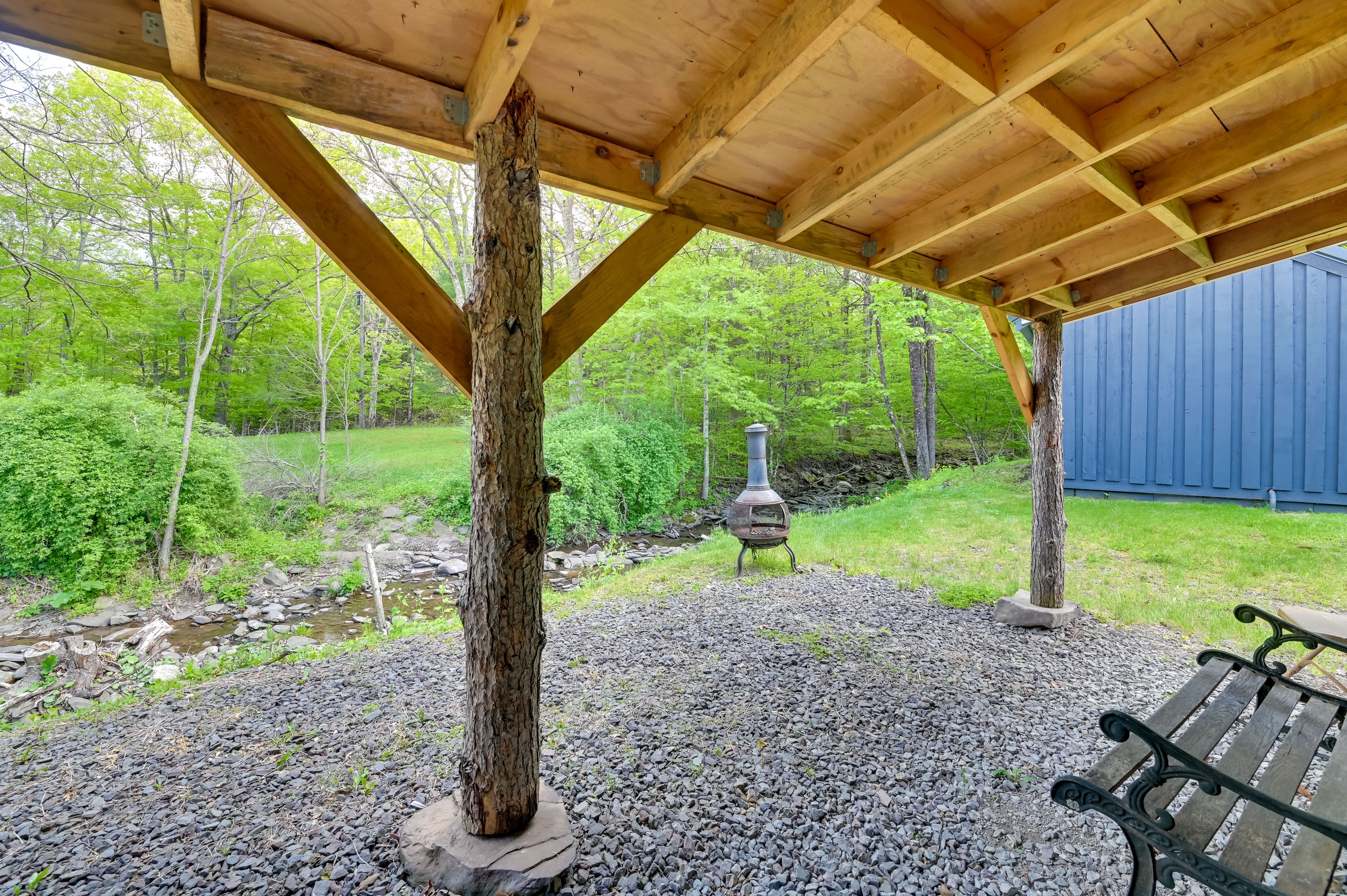 Patio | Chiminea Fire Pit | Babbling Brook Views