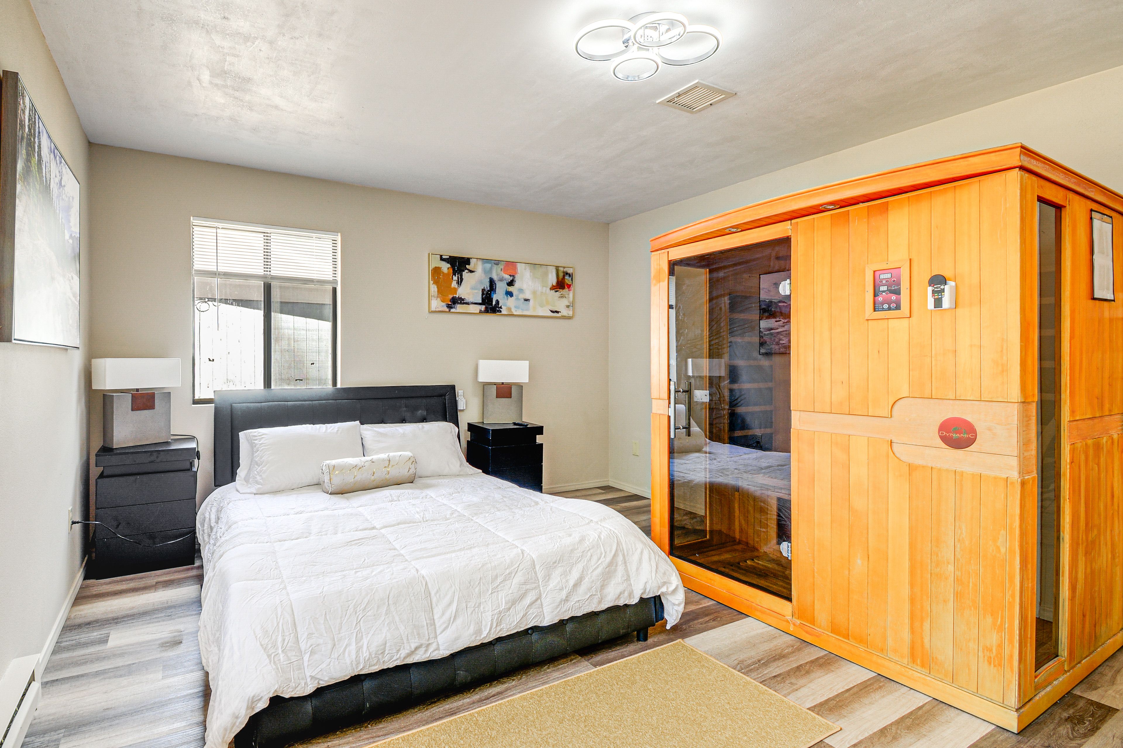 Bedroom 1 | Queen Bed | Indoor Sauna | Workspace Area | Linens Provided