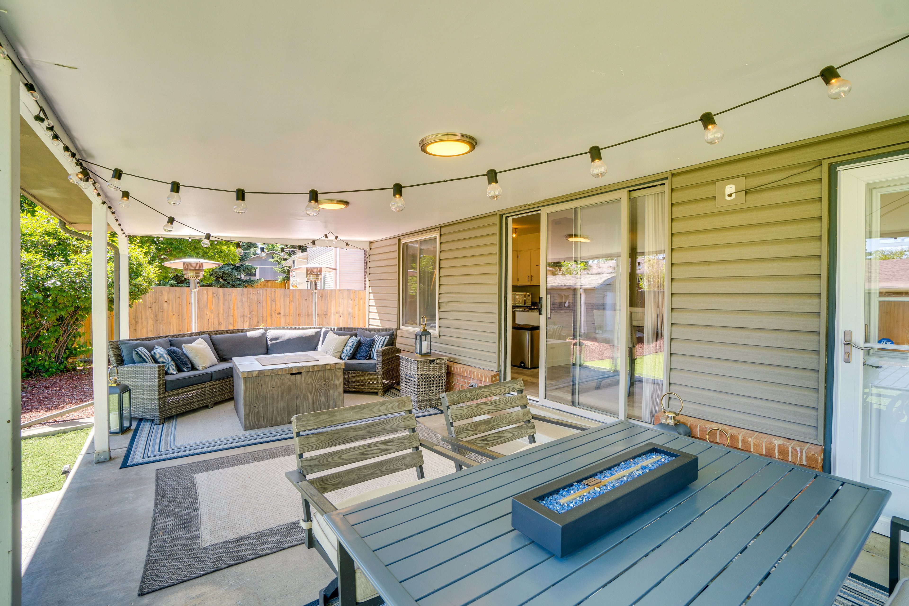 Covered Patio | Gas Fire Pit (Propane Provided) | Dining Area | Outdoor Heaters