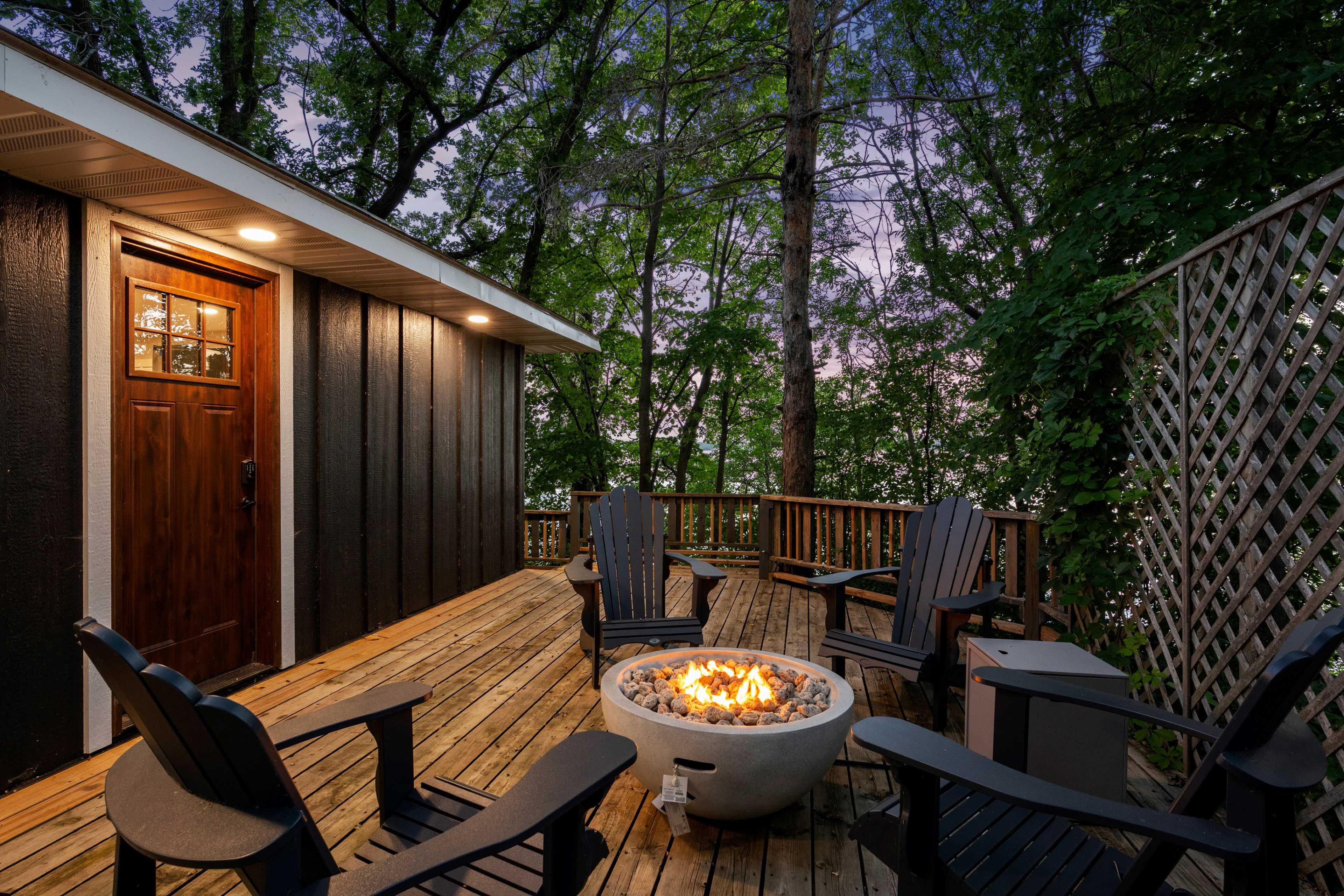 Cabin Exterior | Furnished Deck | Gas Fire Pit