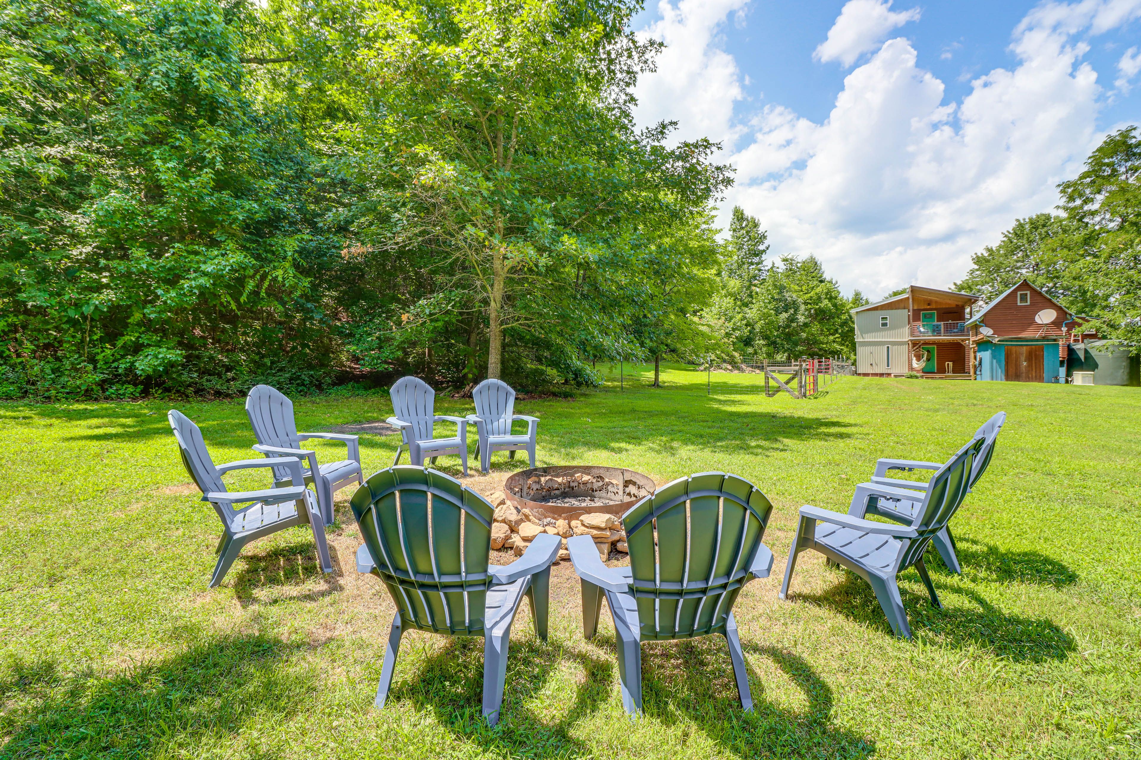 Fire Pit | 12-Acre Property | 6 Decks