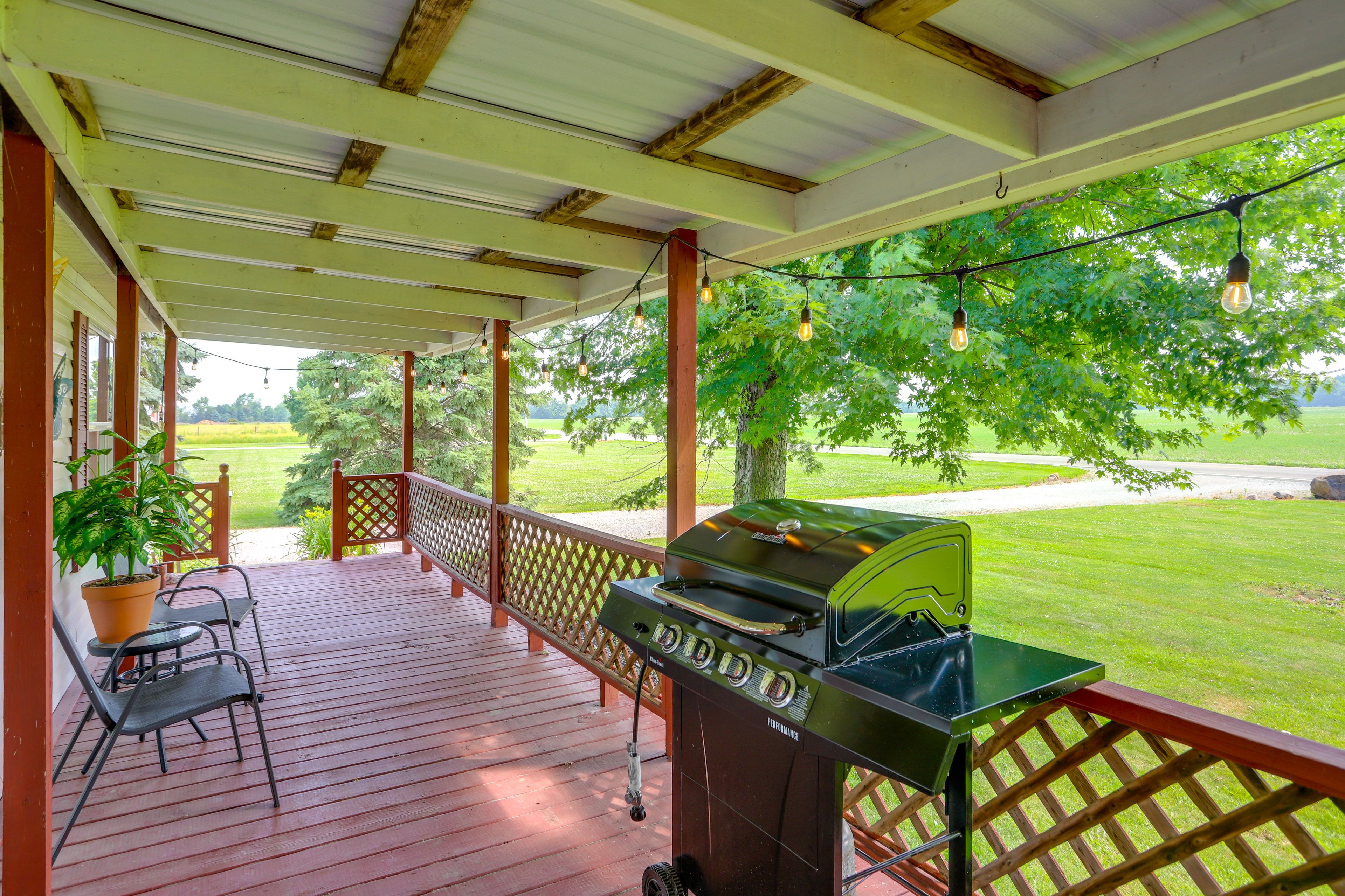Covered Porch | Gas Grill (Propane Provided) | Secluded Setting