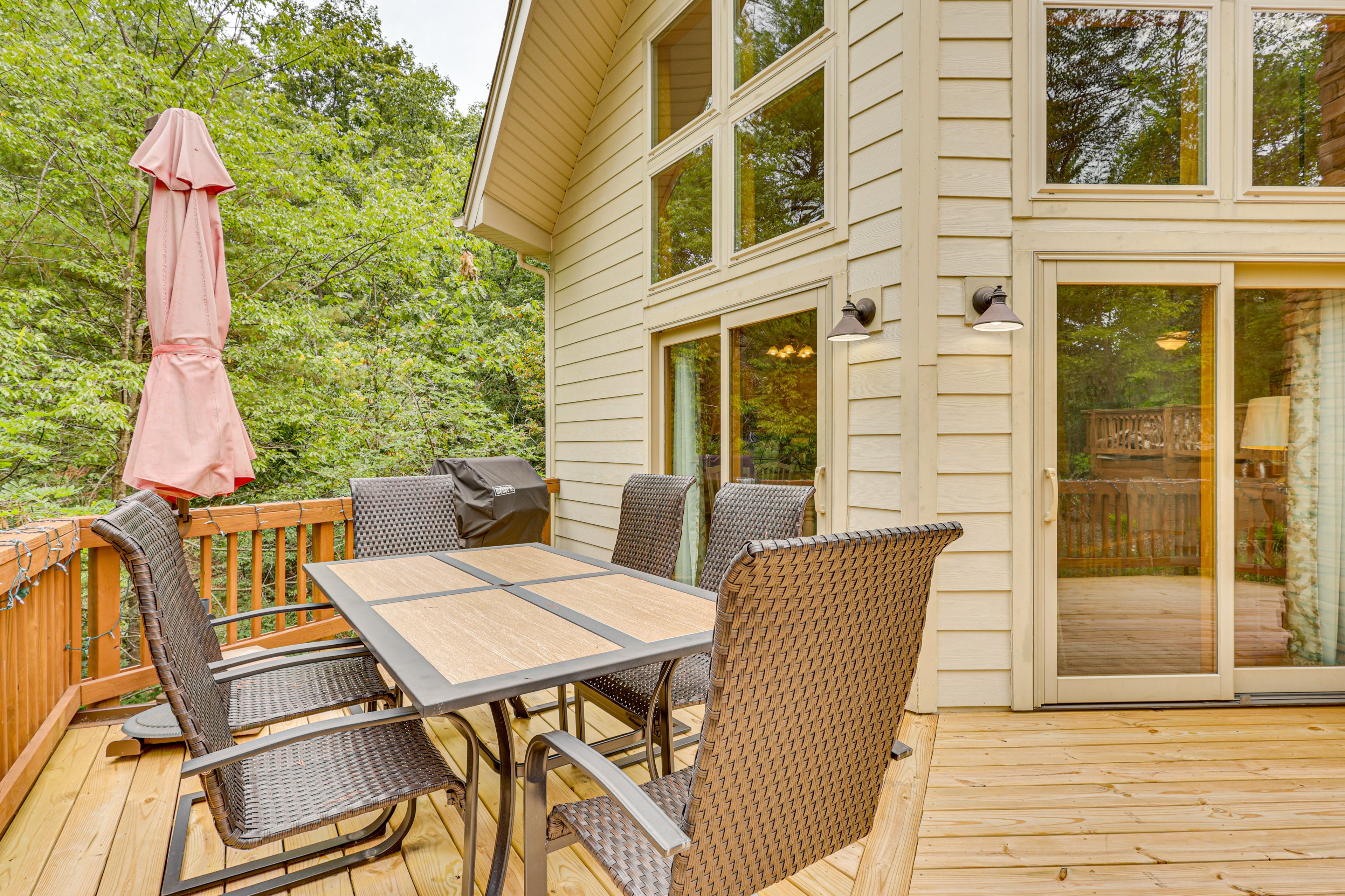 Cabin Exterior | Furnished Deck | Dining Area | Gas Grill