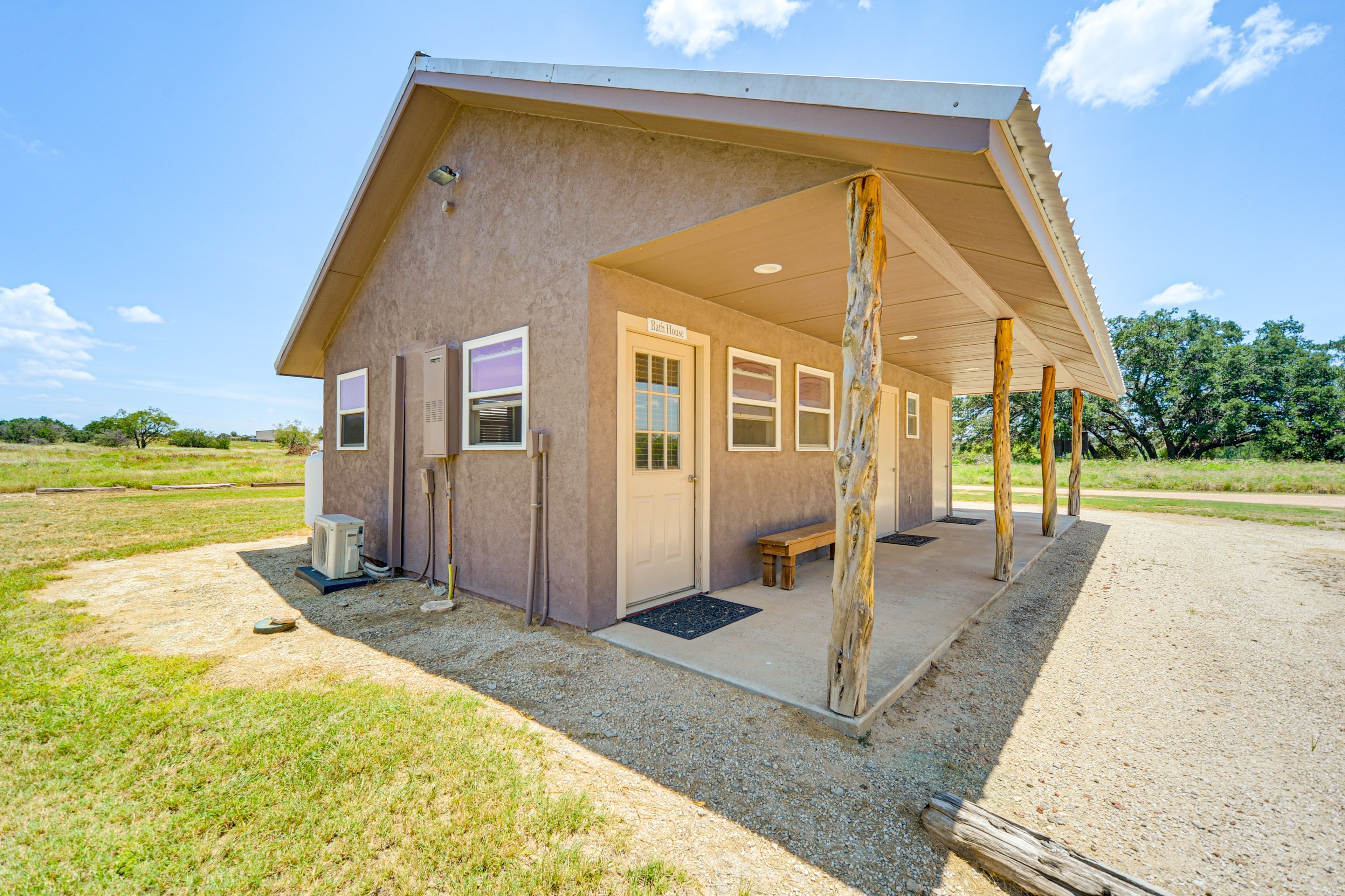 Bath House Exterior | Step-Free Entry | Single-Story Home